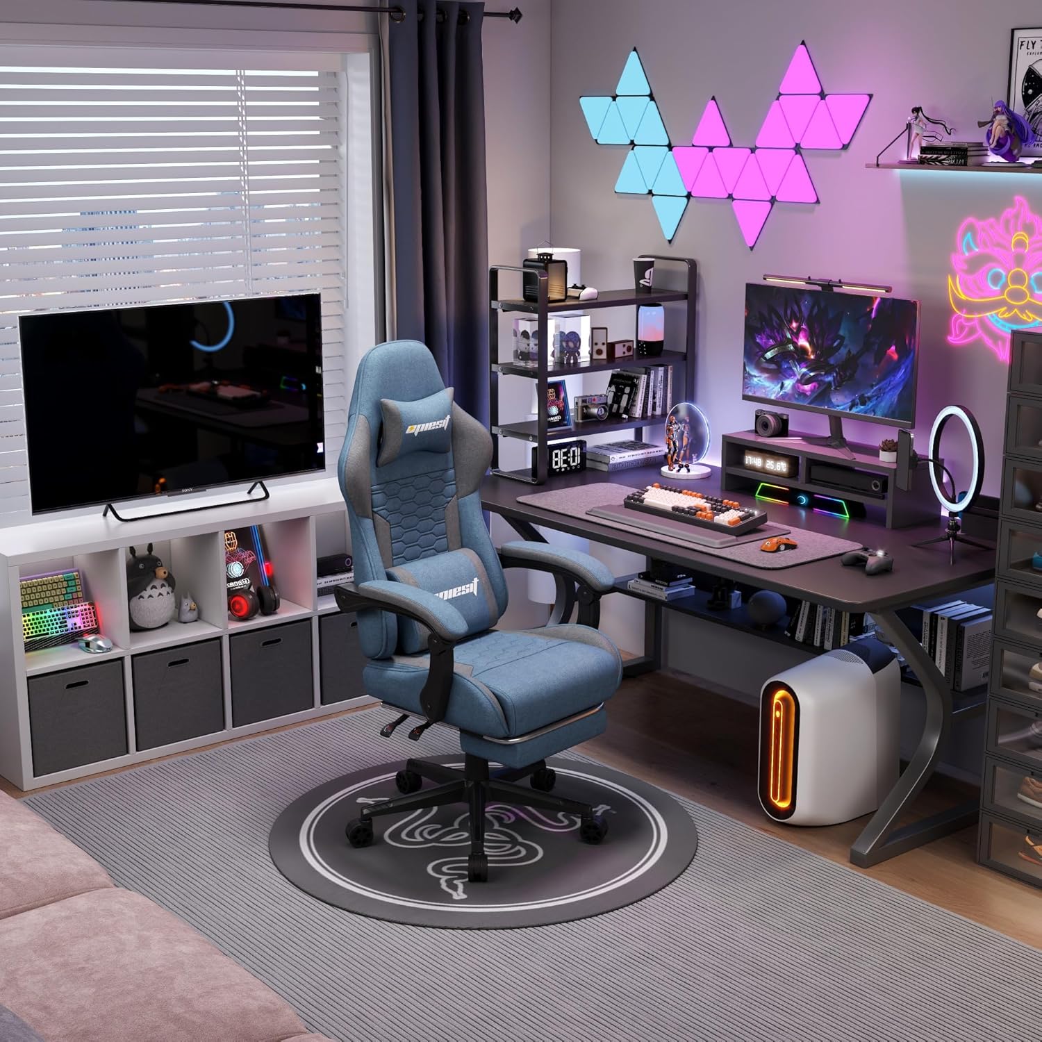 Opiesit Gaming Chair, Fabric Computer Chairs with Lumbar Support and Massager, Ergonomic Office Chair with Footrest & Pocket Spring Cushion, Bearing 400 LBS?Blue? Blue With Massage