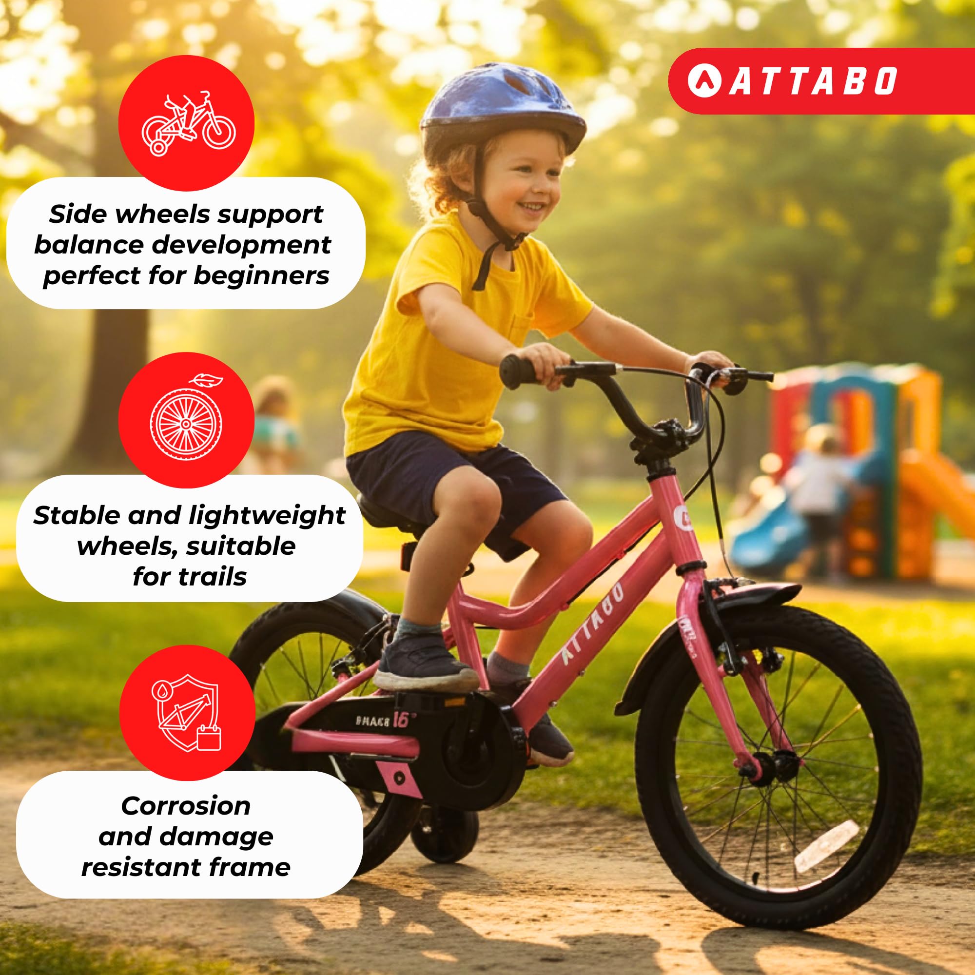 ATTABO Rower dziecięcy Knack 16 (5-7 lat) z lekką aluminiową ramą (9 kg), koła 16", do 110-120 cm, ergonomiczna kierownica, stabilna i lekka kierownica, idealny do nauki w
