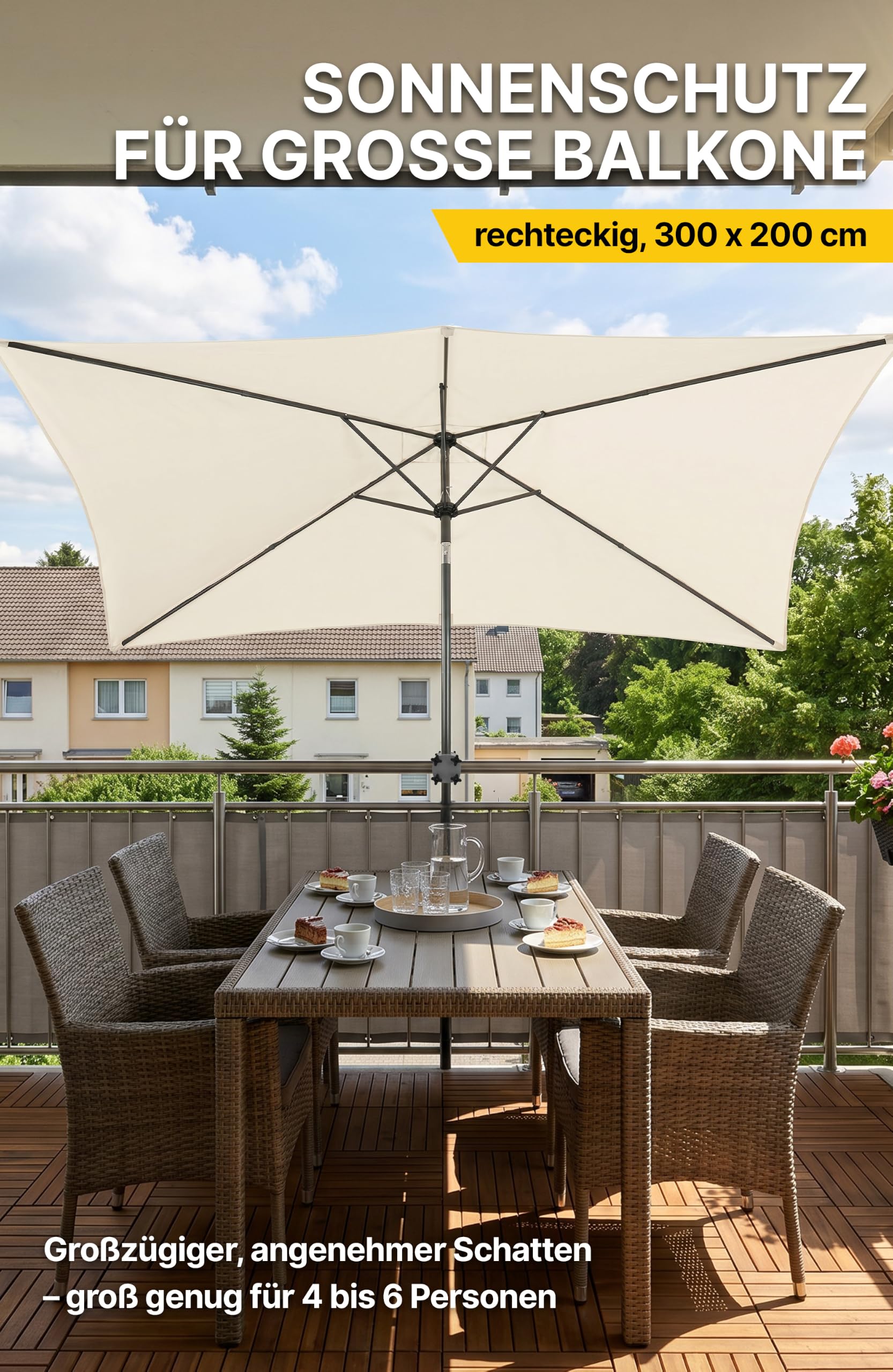 4smile Sonnenschirm Balkon mit Kurbel, Sonnenschirm rechteckig 300x200 cm | UV 50+ Sonnenschutz Balkon, knickbarer Balkonschirm für Terrasse & Garten, inkl. Schutzhülle, Beige