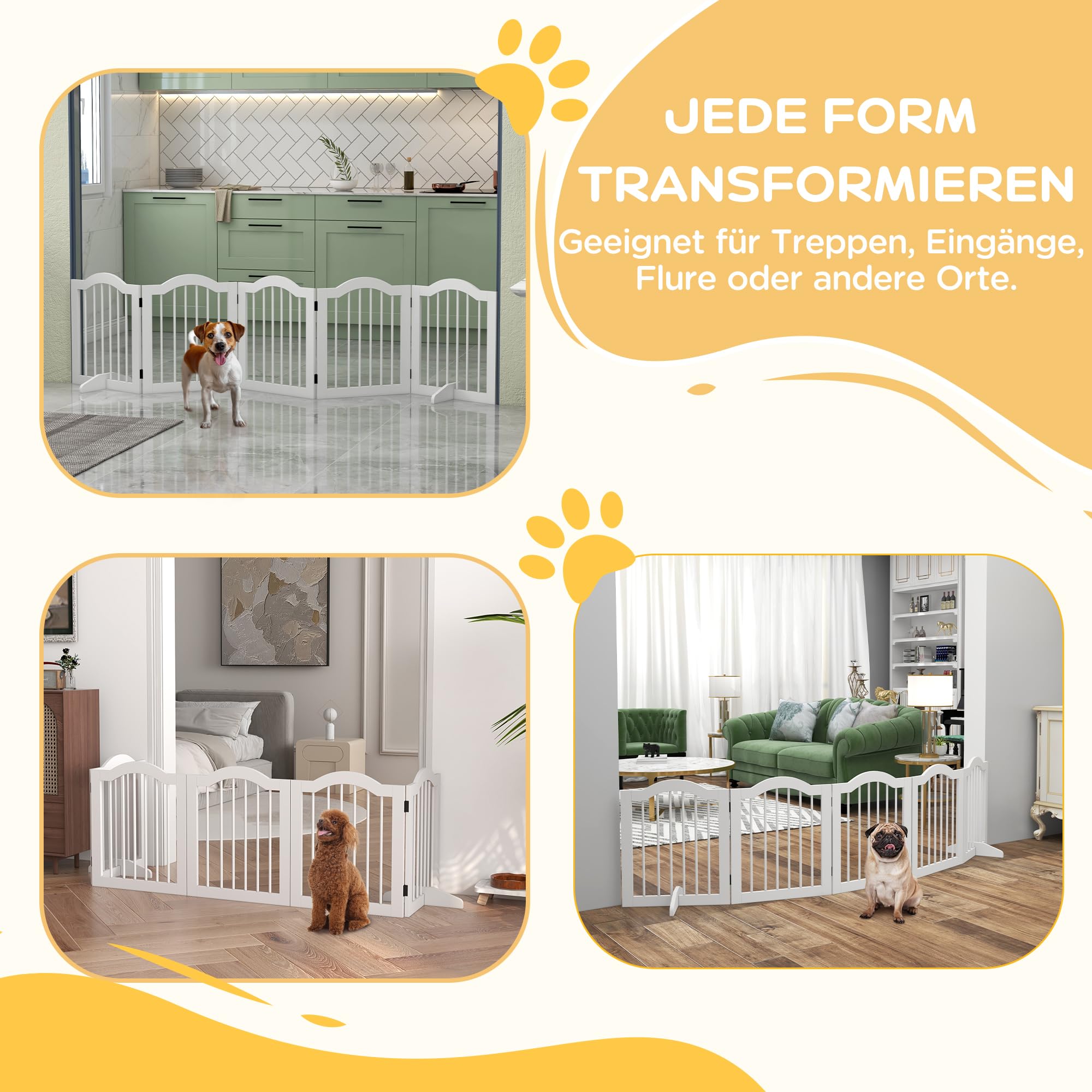 PawHut Absperrgitter Hund 5-teilig, 261,5 x 61 cm Faltbar Hundegitter mit Tür, Türschutzgitter mit 2 Stützfüßen, Freistehend Treppengitter für Küche, Flur, Weiß