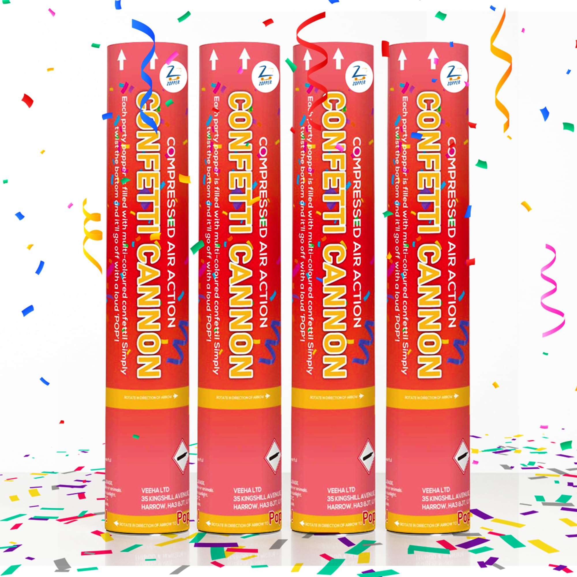 Zopper Confetti Cannon Party Popper 30cm (Pack of 4) Compressed Air Party Popper Shooter with Biodegradable Confetti for Weddings, Birthdays & Celebrations
