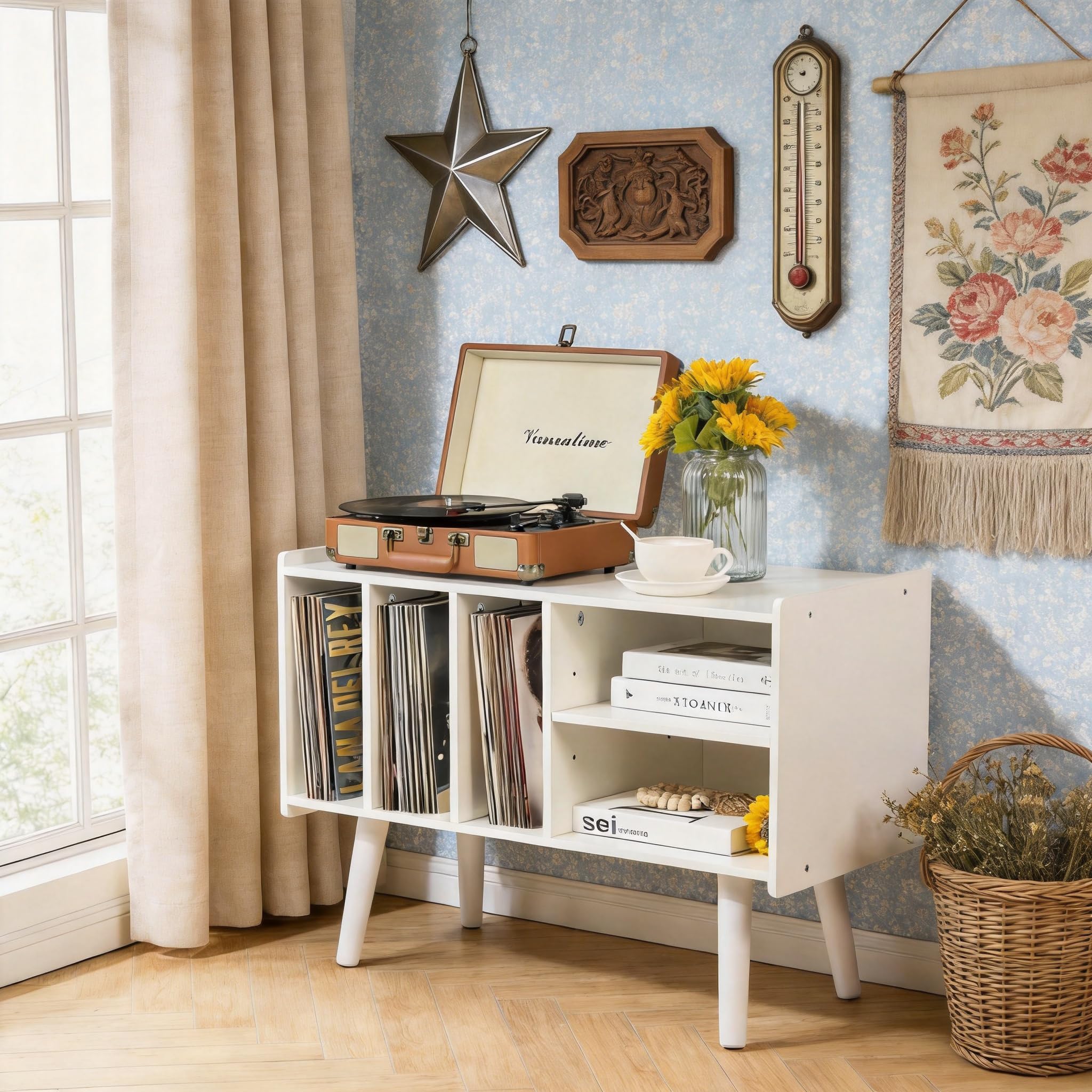 Supporto per giradischi con 4 armadietti, può contenere fino a 220 album, tavolo per giradischi metà secolo, supporto in vinile nero (White)