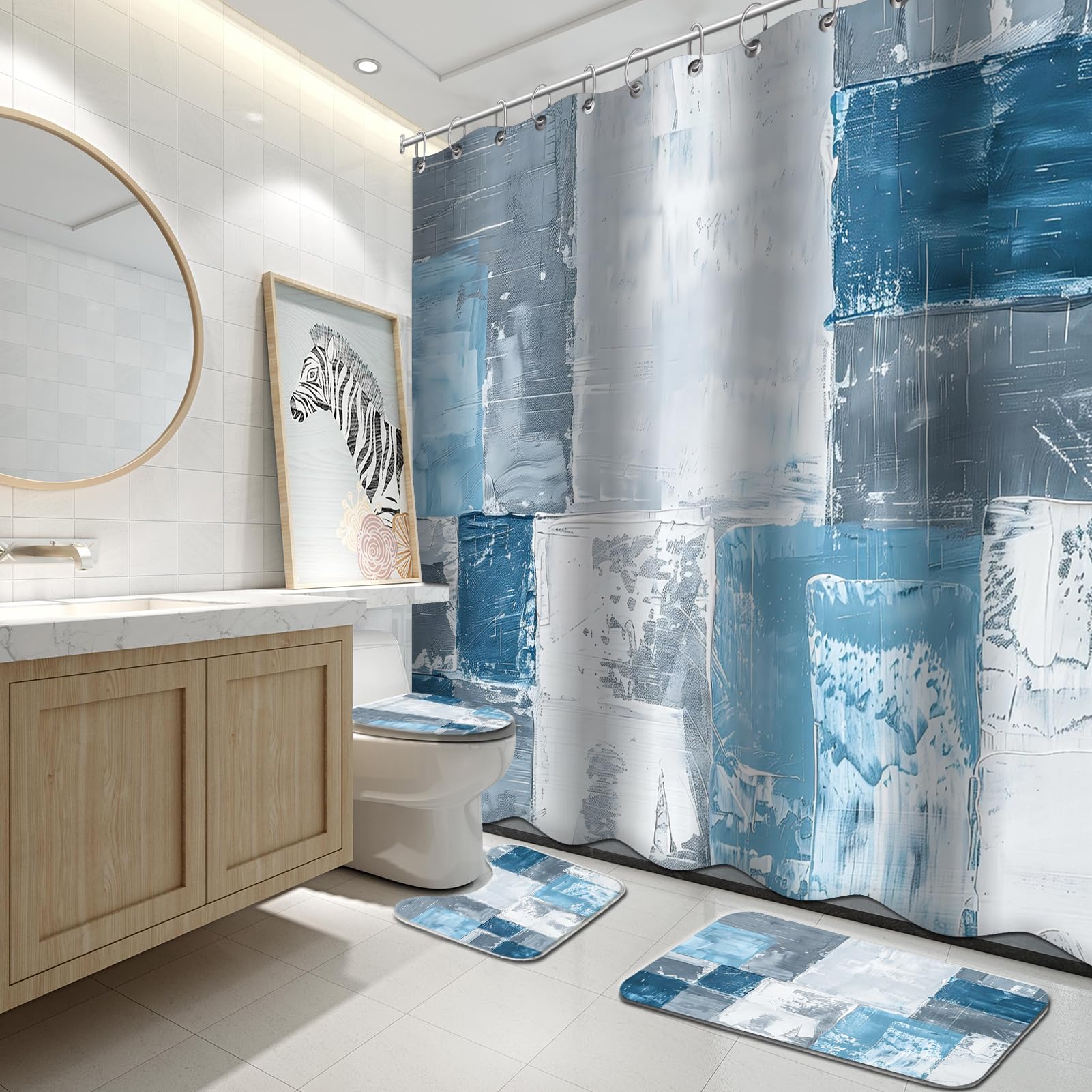 Amazon.com: Lnond 4Pcs Bathroom Sets with Shower Curtain and Rugs, Blue ...