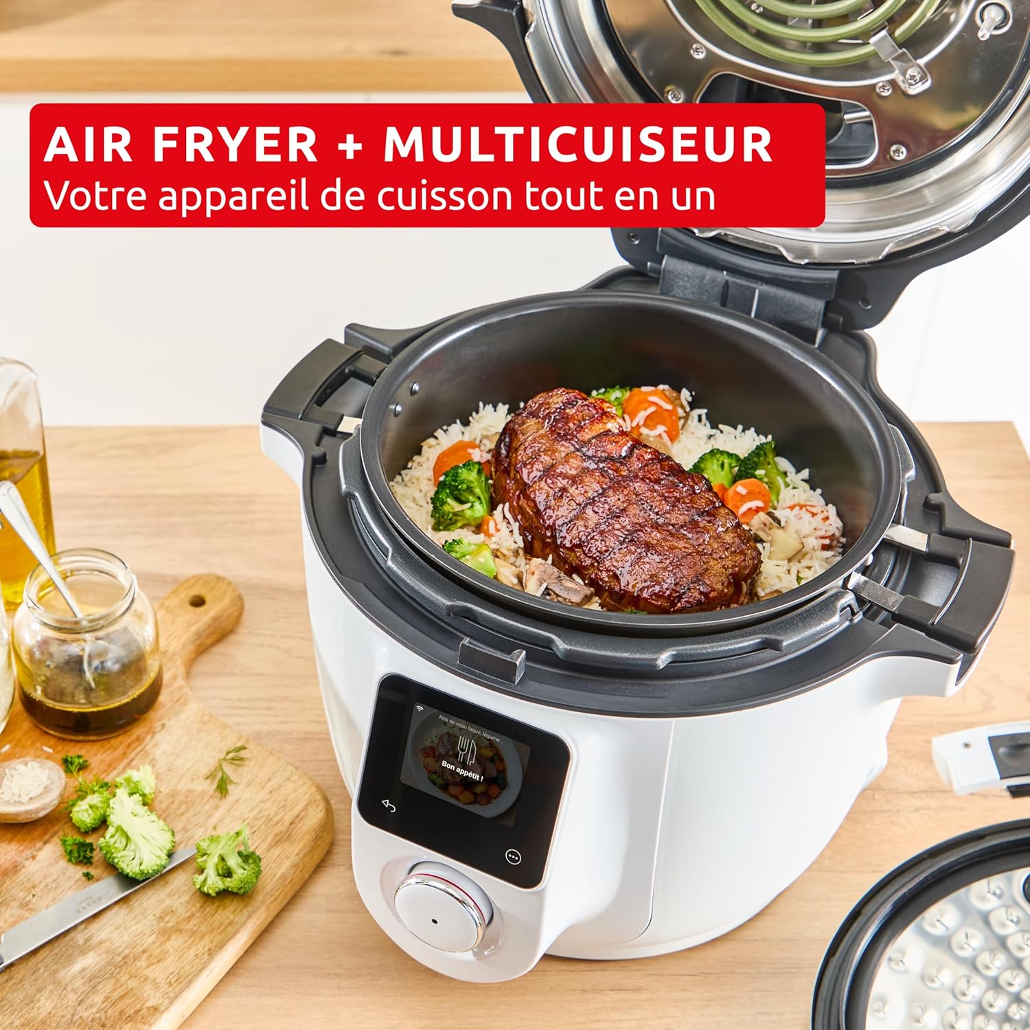 Moulinex Cookeo Infinity with a cooked meal inside, illustrating its dual function as an air fryer and multicooker.