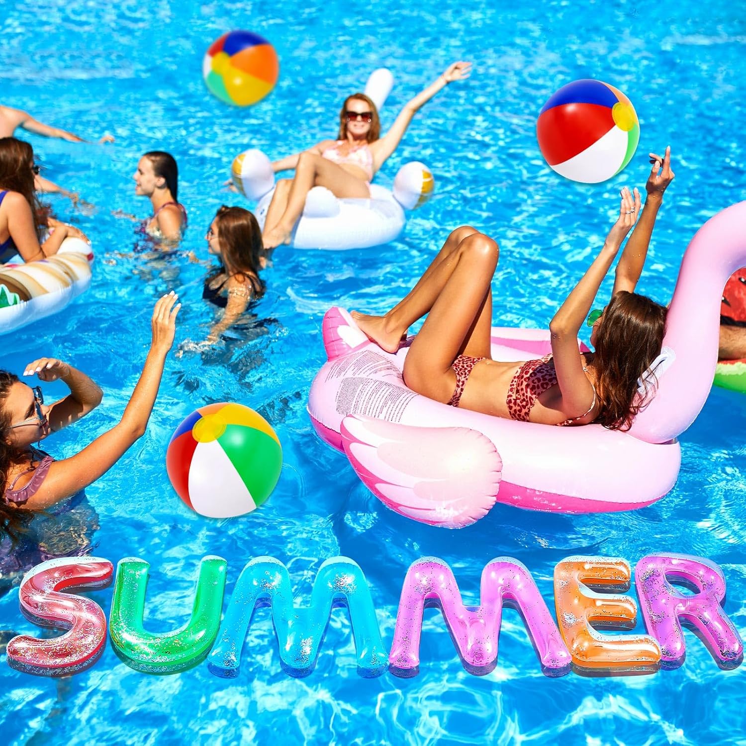 Ceenna 20" Hello Summer Floating Pool Inflatable Letters Decoration with 4 Beach Balls for Hawaiian Luau Surfboard Swimming Pool Party
