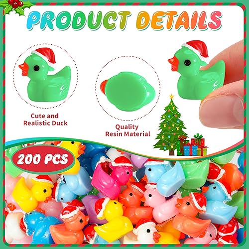 Miniatura 9 de Fumete 200 piezas de mini patos de resina de Navidad, pequeñas figuras de pato en miniatura, sombrero de Navidad, pato, micro paisaje, jardín,
