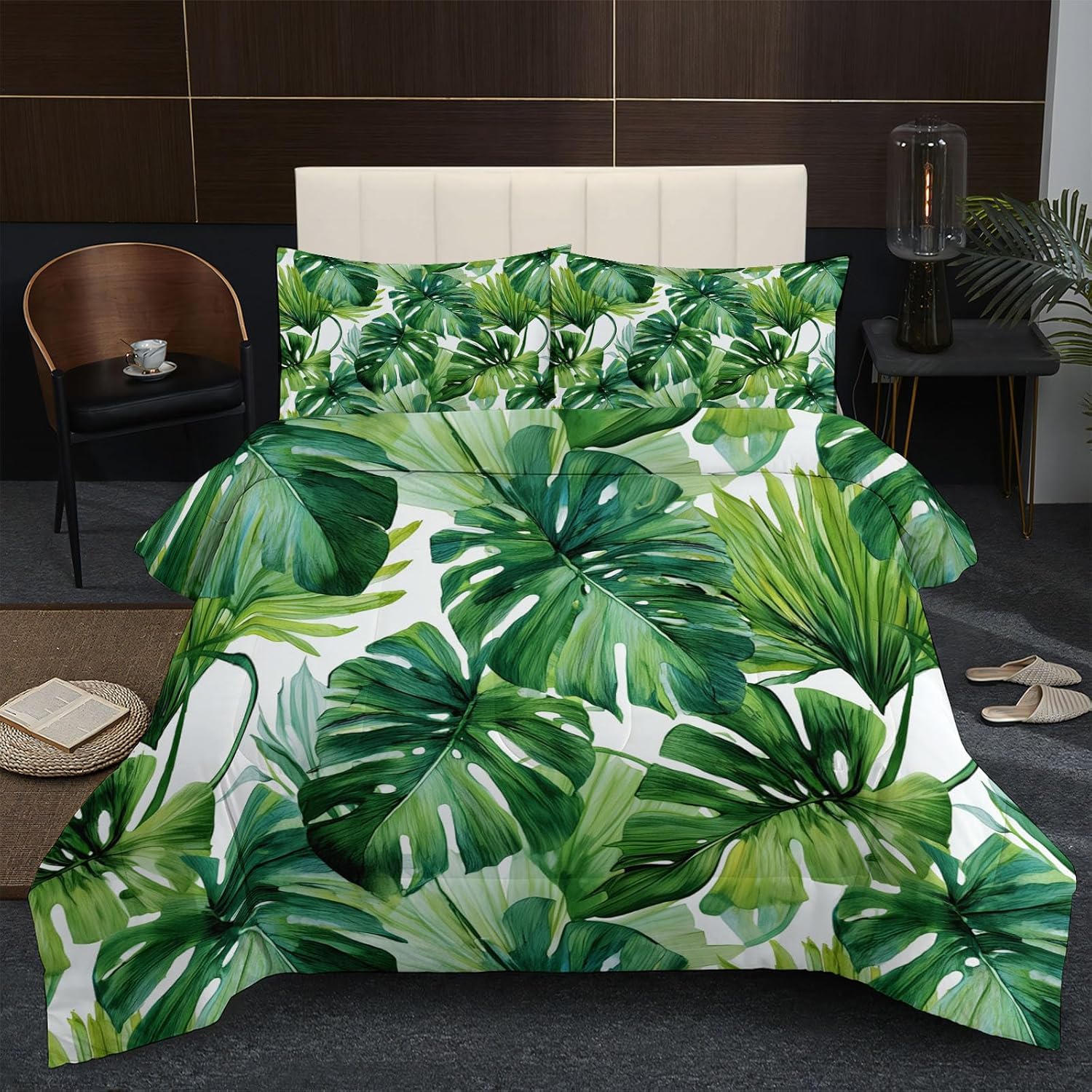 3D Tropical Leaves Comforter Set Queen Size Bedding Set Botanical Watercolor Painting All Season Down Comforter Printed Quilted with 2 Pillow Shams for Kids, Teens, Adults 90 x 90in Green