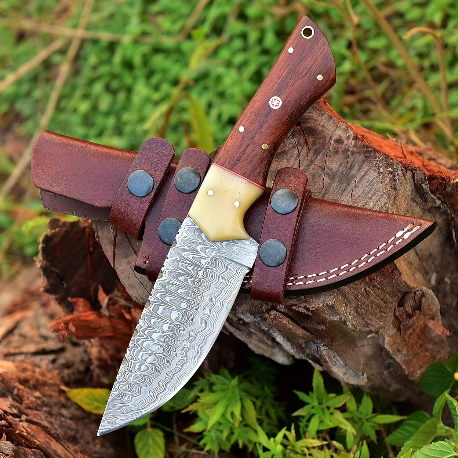 Handmade Damascus Steel Knife Hunting Fixed Blade Knife For Camping, Survival and Outdoor Activities, Overall Length 9.5" Rosewood Handle, With Leather Sheath, 291-W