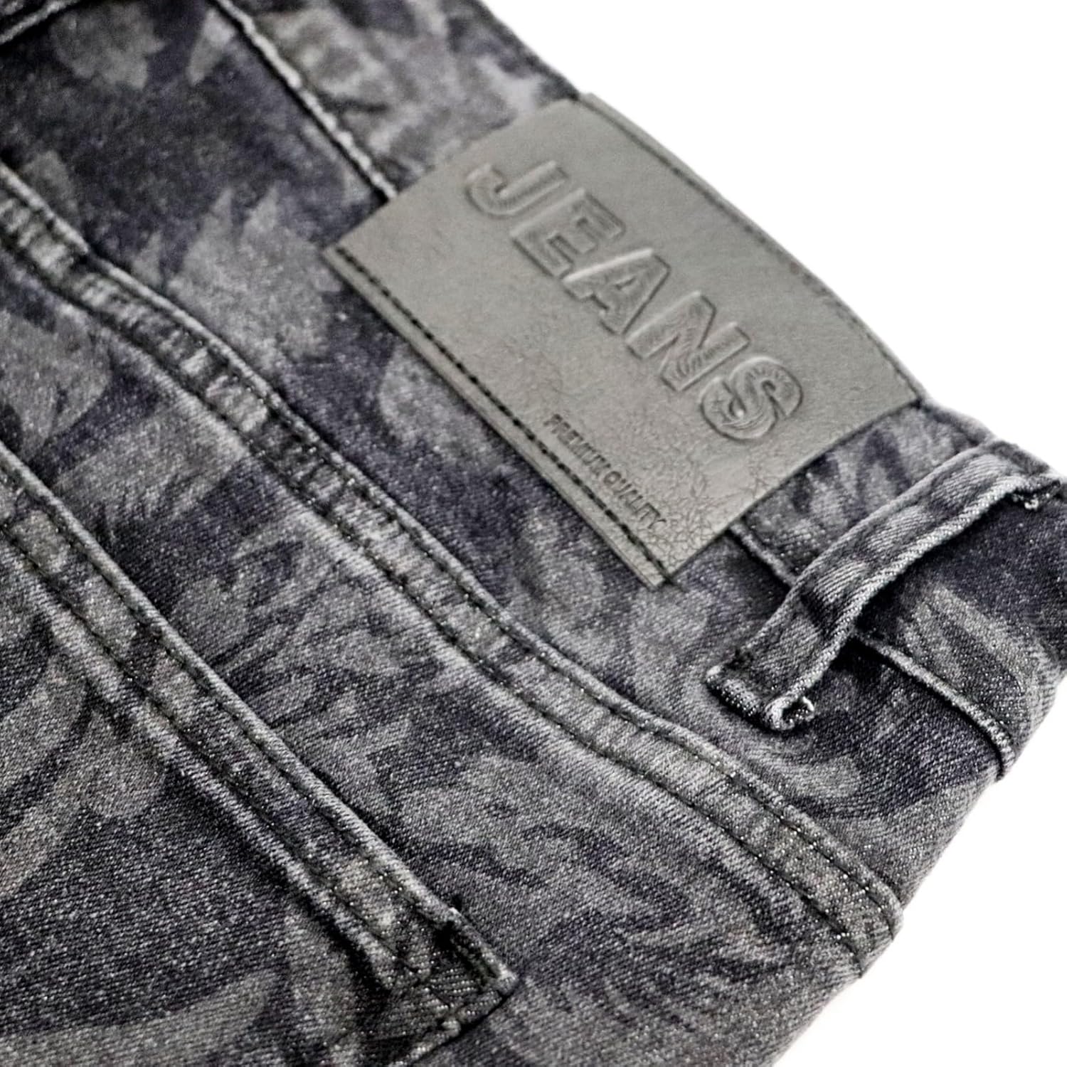 Men's Floral Print Straight Leg Skinny Elastic Force Jeans, Black Gray Acid Wash Denim, Vintage Style Pattern - Image 6