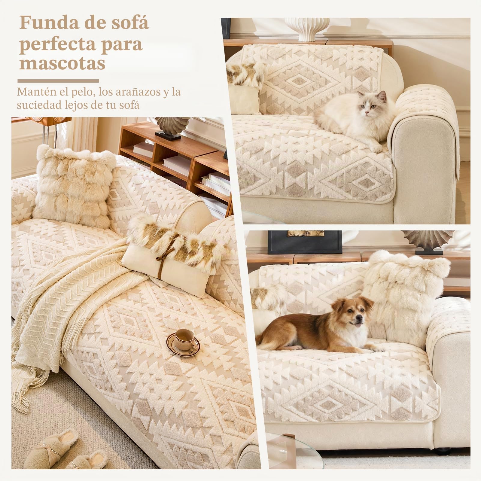 WEYOND Funda Sofa 2 3 4 plazas, Felpa Cubre Sofa, 90 x 240 cm, Beige | 1 Funda de Asiento, Protector Sofá para Perros y Gatos, Sofa cover Antideslizantes y Antimanchas, Lavable