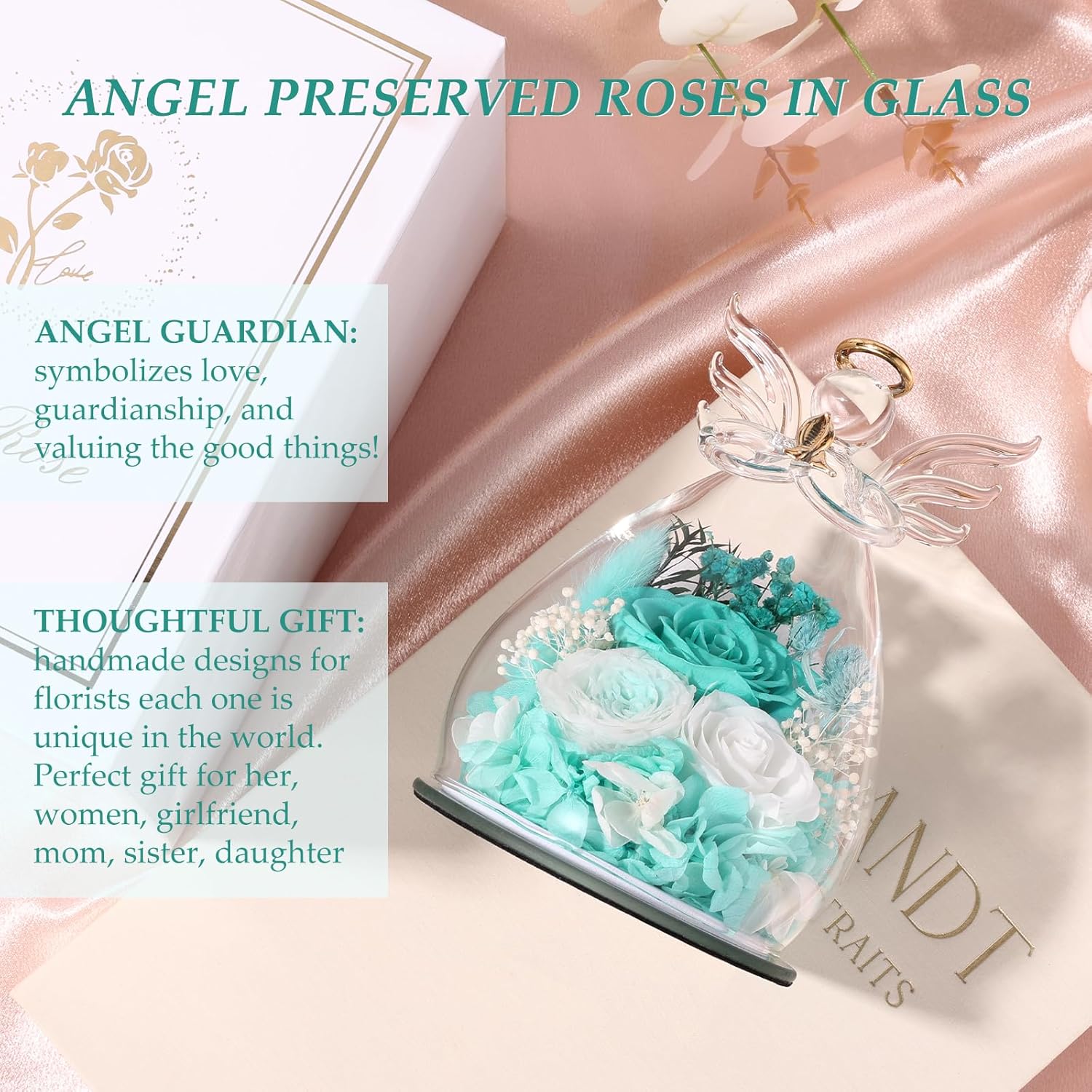 FIACO Gifts for Women Birthday Preserved Rose Forever Flower in Glass Angel Figurines Fresh Flowers for Delivery Prime for Mom Real Roses for Grandma Sister Wife Her from Daughter - Image 6