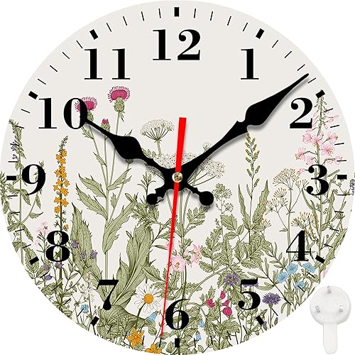 Reloj de pared, coloridas flores silvestres y plantas de hierbas, silencioso, sin tictac, funciona con pilas, redondo, decorativo, para interiores y