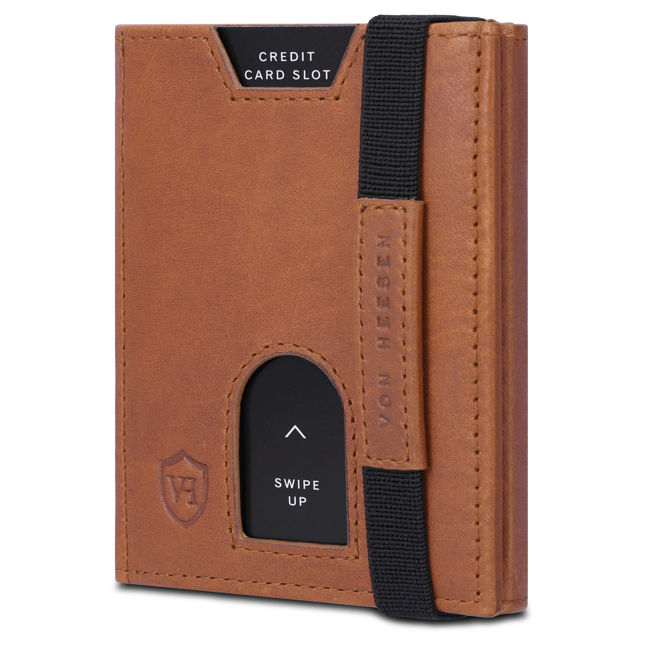 VON HEESEN Mini Kartenetui Mit Münzfach 5-10 Karten - RFID-Schutz - Leder Geldbörse für Damen Herren - Geldbeutel Männer klein - Portemonnaie Portmonaise Portmonee Slim Wallet (Cognac Waxy)