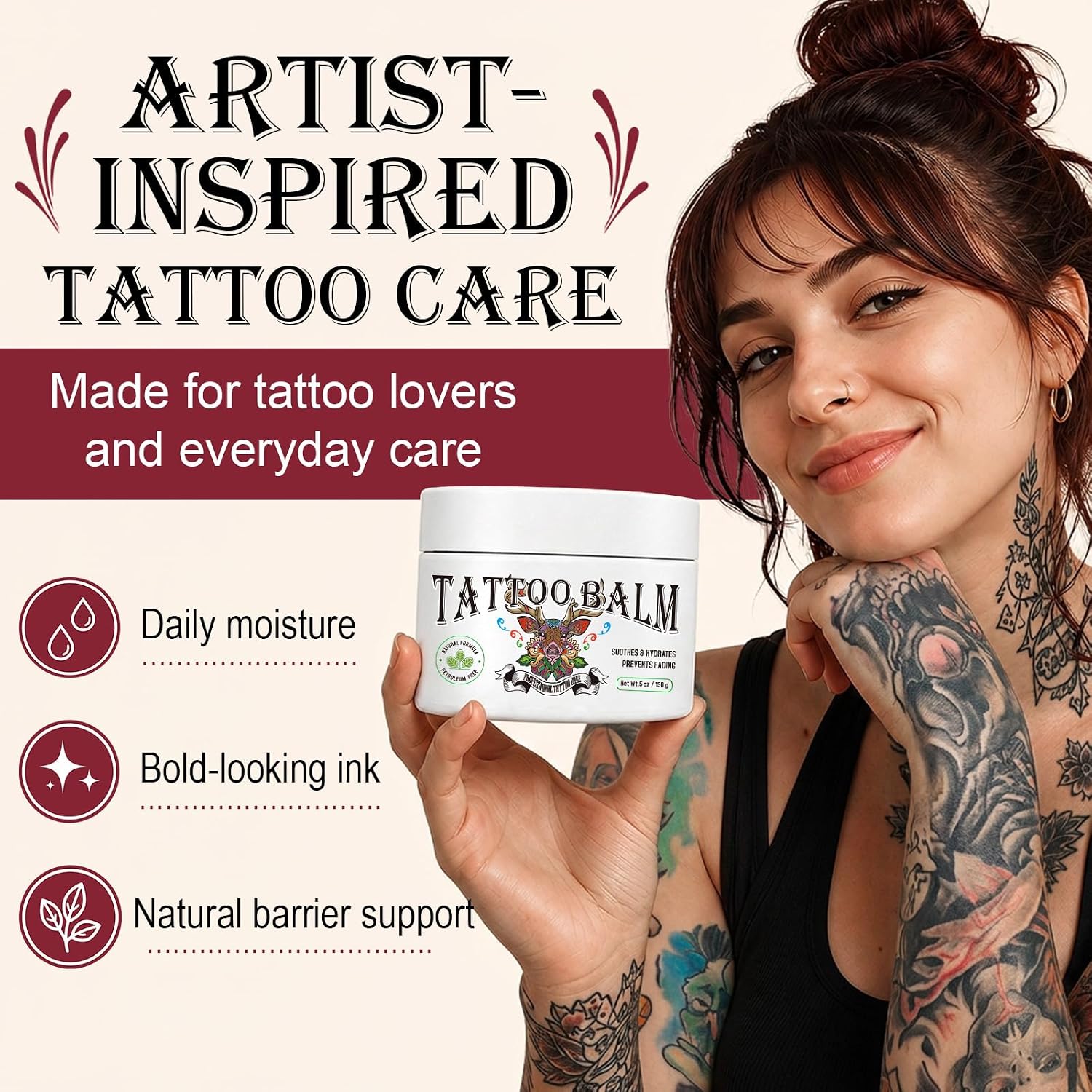 Tattoo Aftercare Butter Balm, 5 oz Tattoo Balm, for Old & New Tattoo Moisturizer Healing Brightener for Color Enhance, Soothes & Hydrates, Prevents Fading, 100% Natural & Petroleum-Free