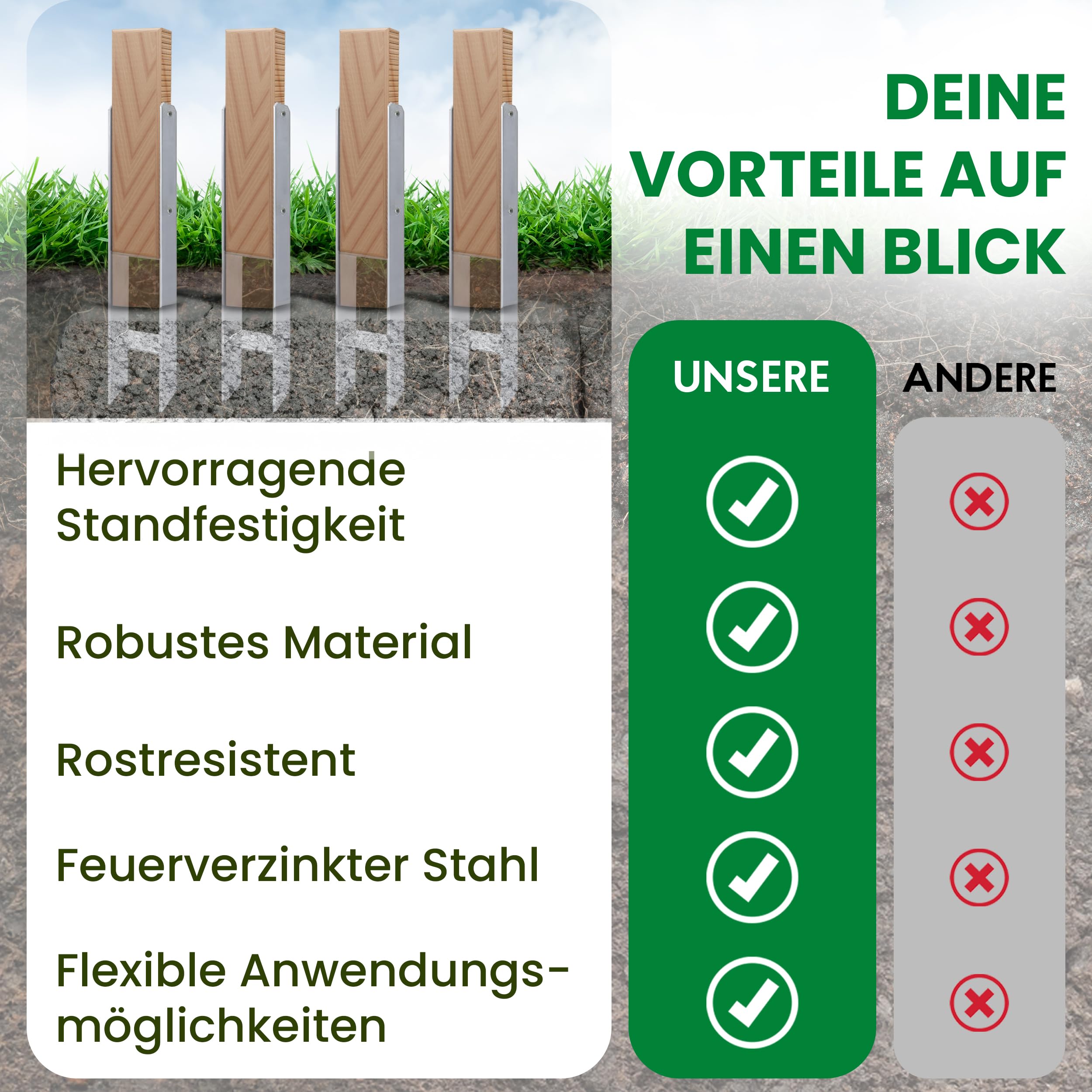 Gartenpirat 4 Stück H-Anker 91x600 mm feuerverzinkt Pfostenträger für Pfosten 9x9 cm