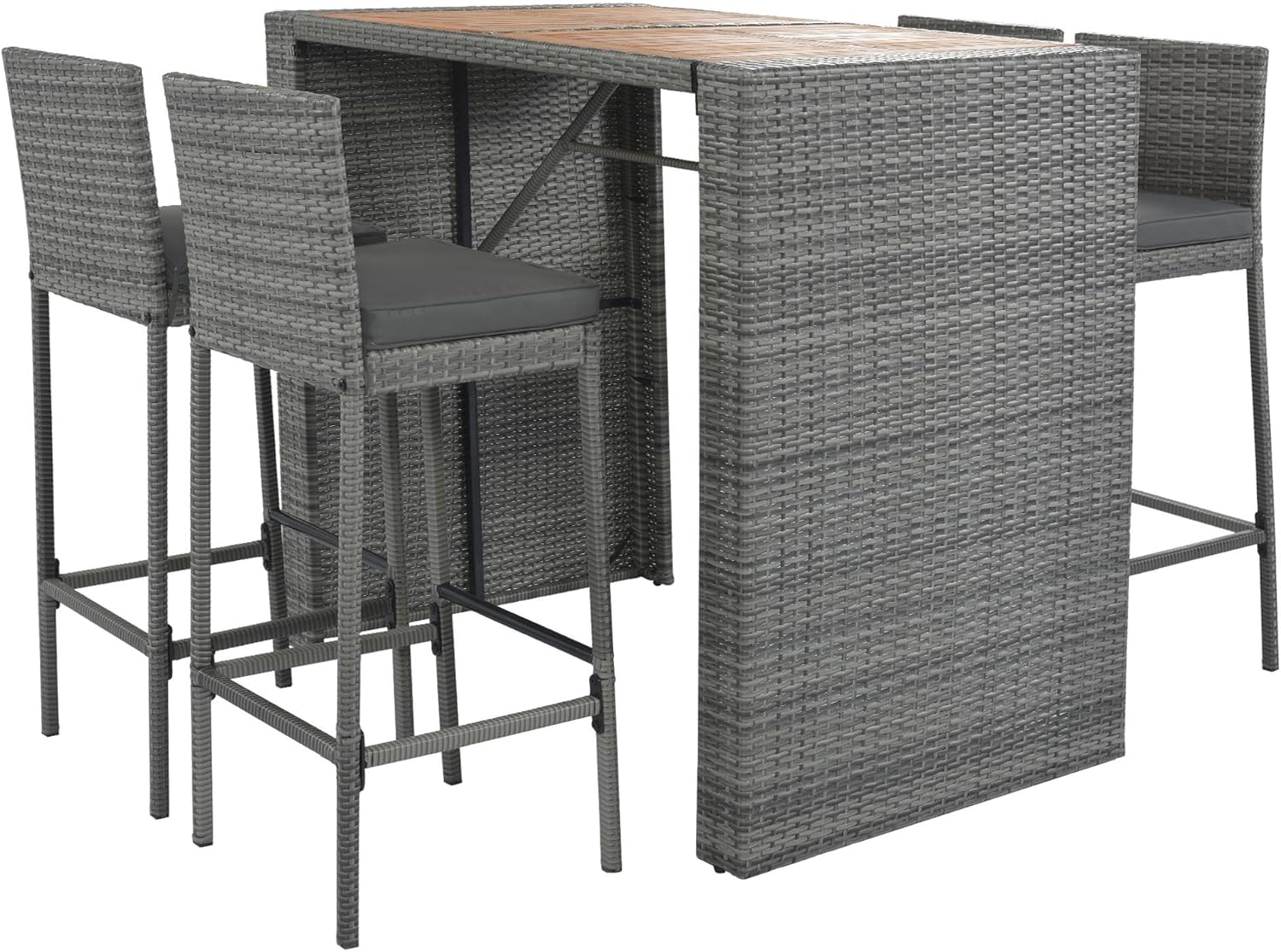 lapday Outdoor Patio Wicker Bar Set with 4 Bar Height Chairs,Removable Cushion,for Living Room,Backyard,Poolside(Brown Wood Gray Wicker Gray Cushion,47"x 43.5"x 31.3").
