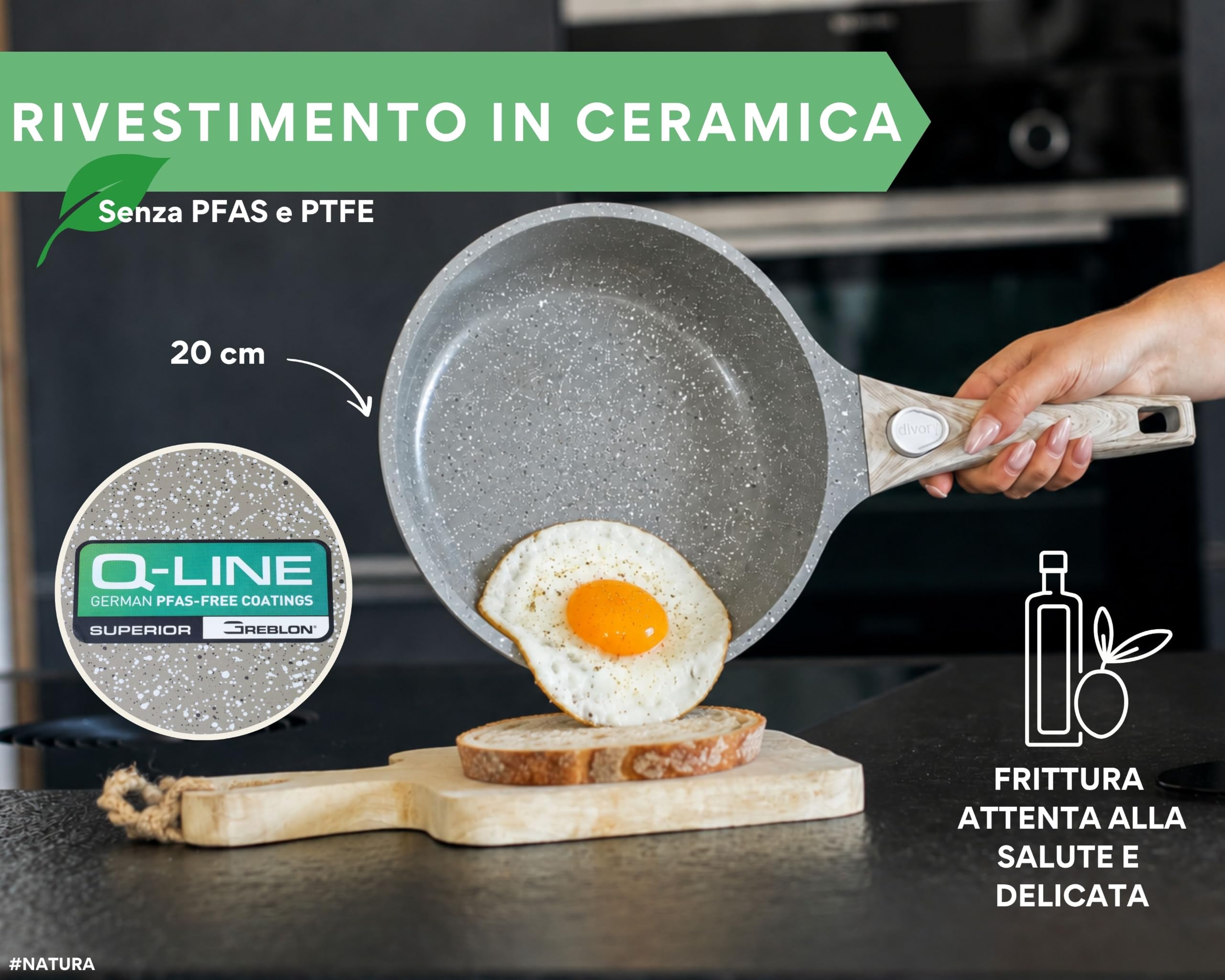 DIVORY Set di padelle in ceramica da 20, 24 e 28 cm – Padelle con manico rimovibile, rivestimento in ceramica, adatte all'induzione, prive di PFAS e PTFE (Natura, set da 3 pezzi (20/24/28 cm))