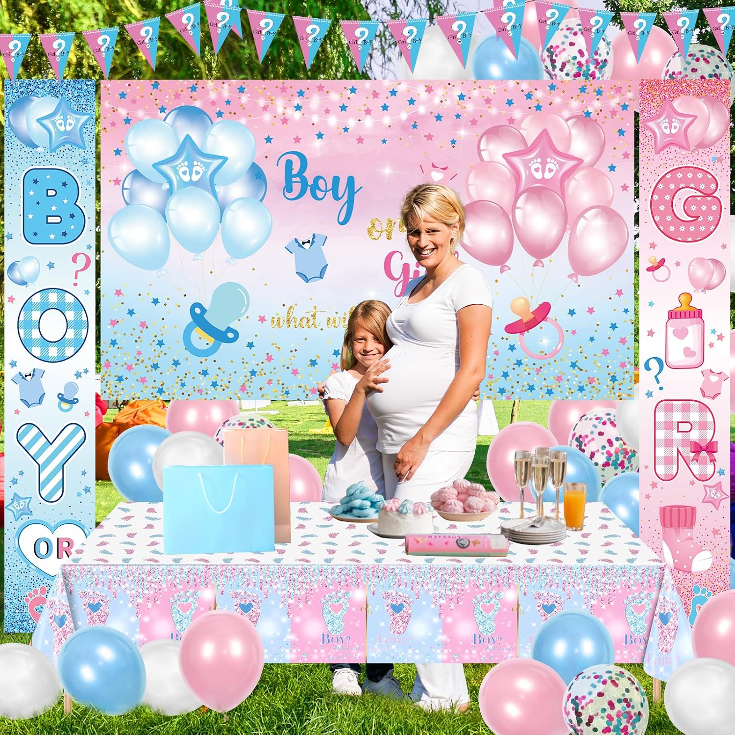 23Pcs Gender Reveal Party Decorations Pink and Blue Boy or Girl Door Banner Sign Boy or Girl Backdrop Tablecloth Balloons Baby Gender Reveal Party Decoration Baby Shower Supplies