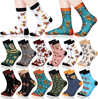 12 Pairs Highland Cow Socks Christmas Cows Lover Gifts for Women Winter Holiday Warm Socks