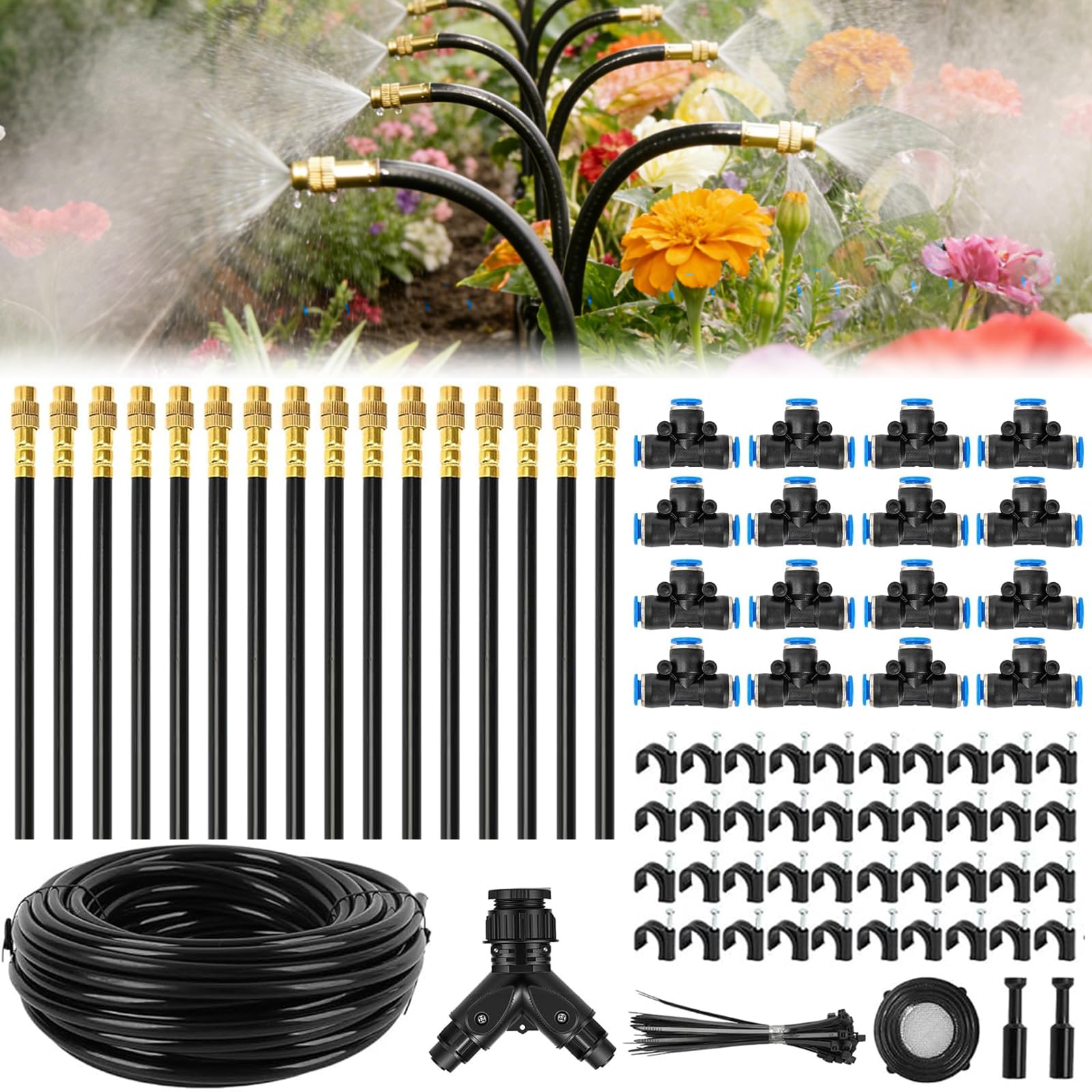 NICEWAT 100FT/30M Garden Irrigation Systems Kit, 360° Automatic Watering System Kit with 1/4" Tubing 16 Adjustable Copper Nozzles, Drip Irrigation System for Greenhouses Lawn Flower Bed Patio