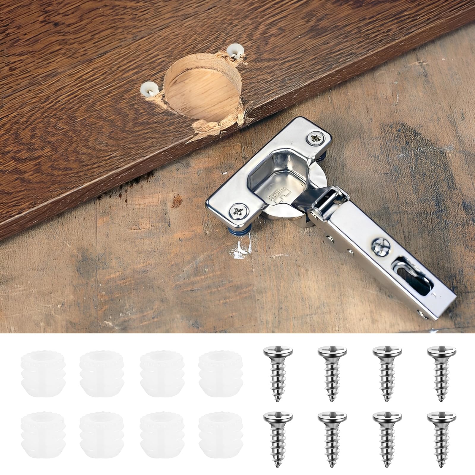 110 Sets Hinge Expansion Dowels with Screws, M4 x 8 mm White Plastic Hinge Dowel Inserts with M3.5 x 13 mm Screws - Image 4