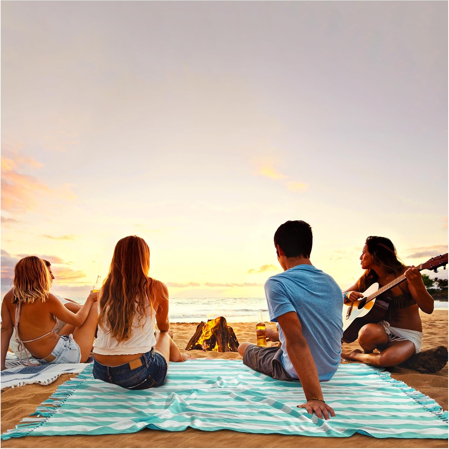 Oversized Giant Turkish Beach Towel Blanket Extra Large XXL Lightweight Quick Dry Sand Free Boho Throw Pool Cloud Sandrpoof Blankets Women Men Big Jumbo Wide 2 Person Size Green Vertical Stripe