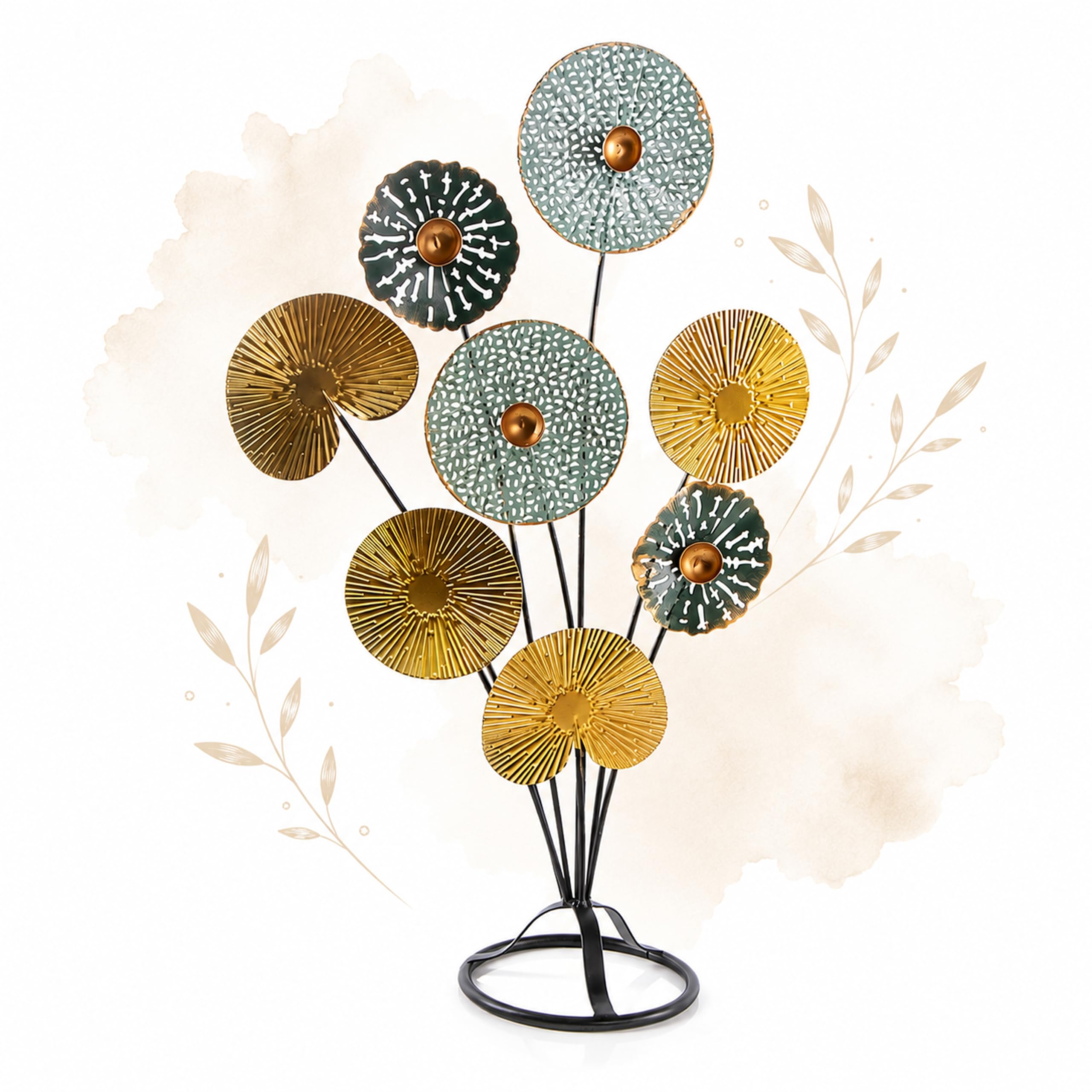 Logbuch-Verlag Escultura decoración Flores de Metal 53 cm Hojas de Colores Turquesa, Dorado y Negro - decoración para el hogar
