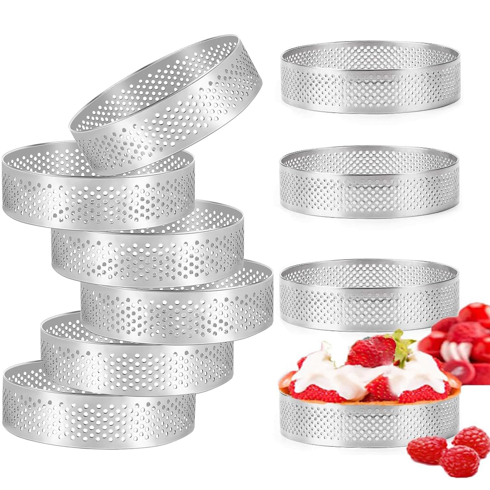 10 sztuk foremek do tarteletek z otworami, 8 cm ze stali nierdzewnej, perforowane pierścienie deserowe, mus, do produkcji ciasta, quiche, koło Donutsburg, 8 cm