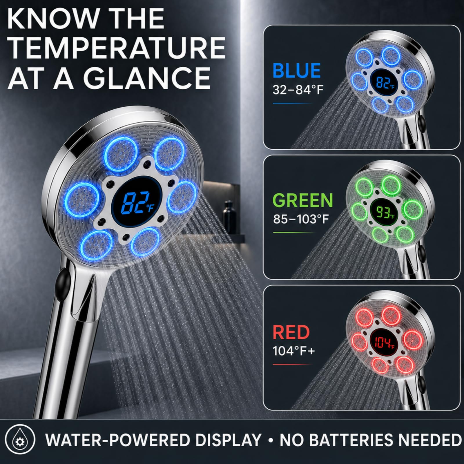 Soffione doccia a LED con palmare, cambia colore, soffione doccia ad alta pressione con display della temperatura dell'acqua, soffione a spruzzo a risparmio idrico con tubo da 150 cm e staffa doccia