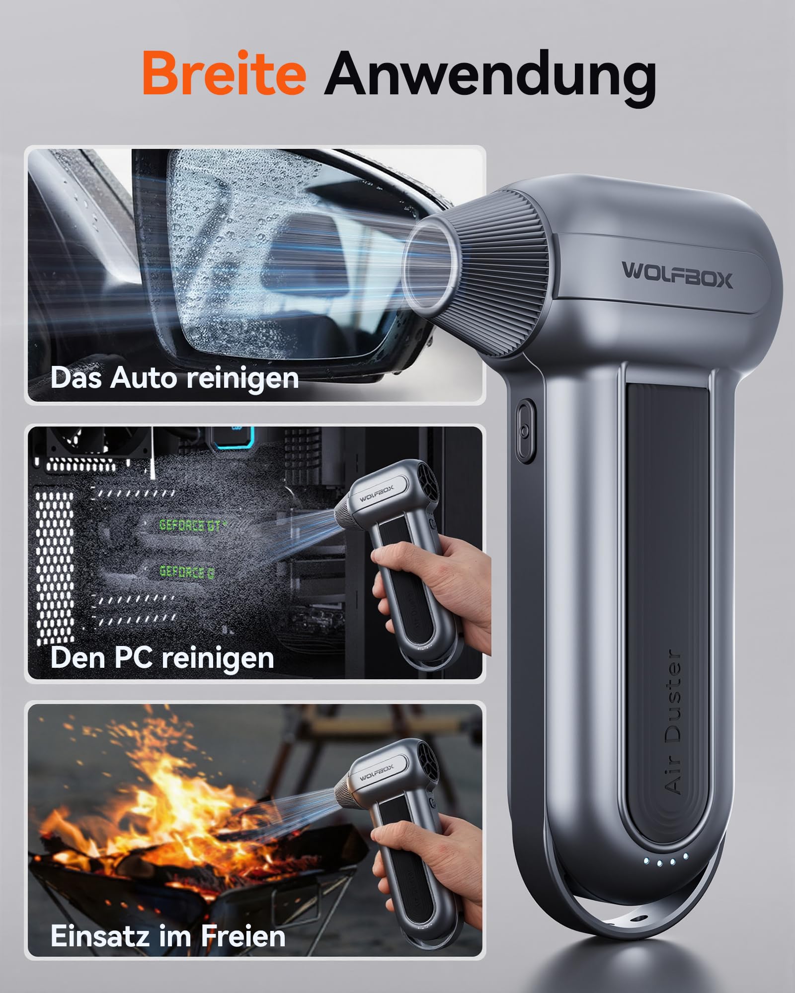 WOLFBOX MF100 Electric Air Duster 150000RPM Cordless Wiederaufladbare Luftgebläse 3-Gang Einstellbar Staubgebläse