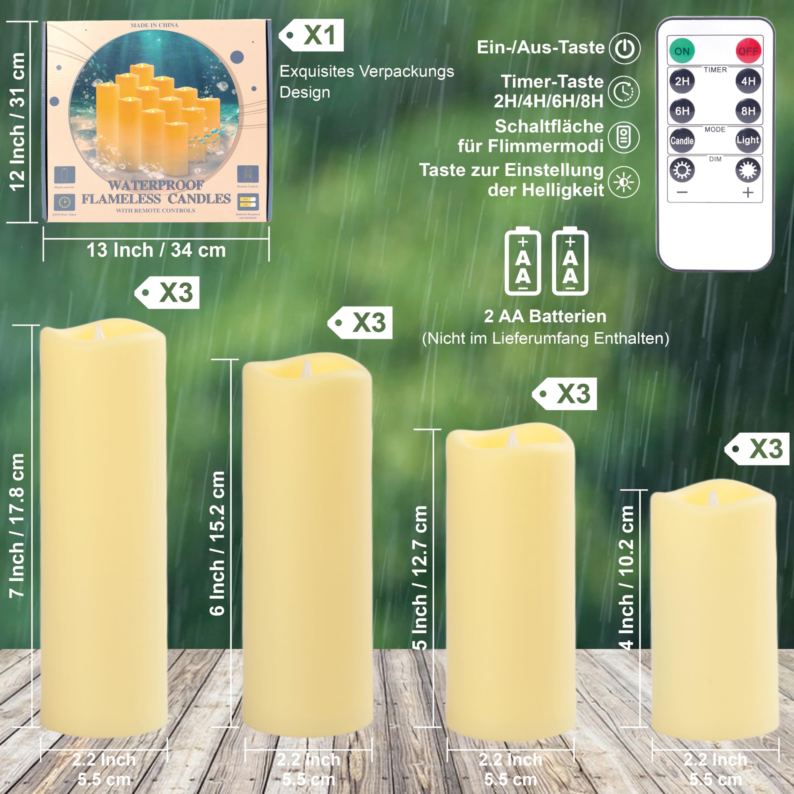Candele a LED per esterni, con timer, telecomando, senza fiamma, a batteria, impermeabile, funzione timer elettrico, candele a pilastro, colore bianco tremolante, candele in vera cera
