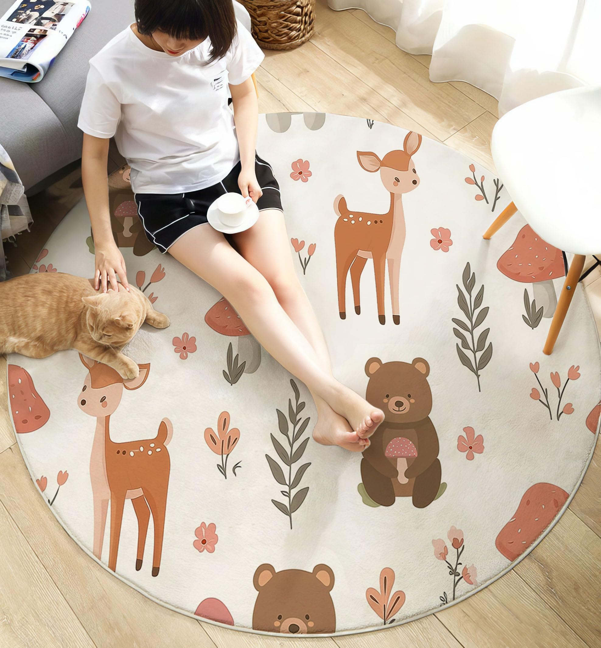 Kinder Teppich rund 120cm – Waschbar & rutschfest | Waldtiere Bären-Hirsch-Pilz für Jungen & Mädchen – Kinderzimmer, Babyzimmer, Wohnzimmer – Orange-rosa