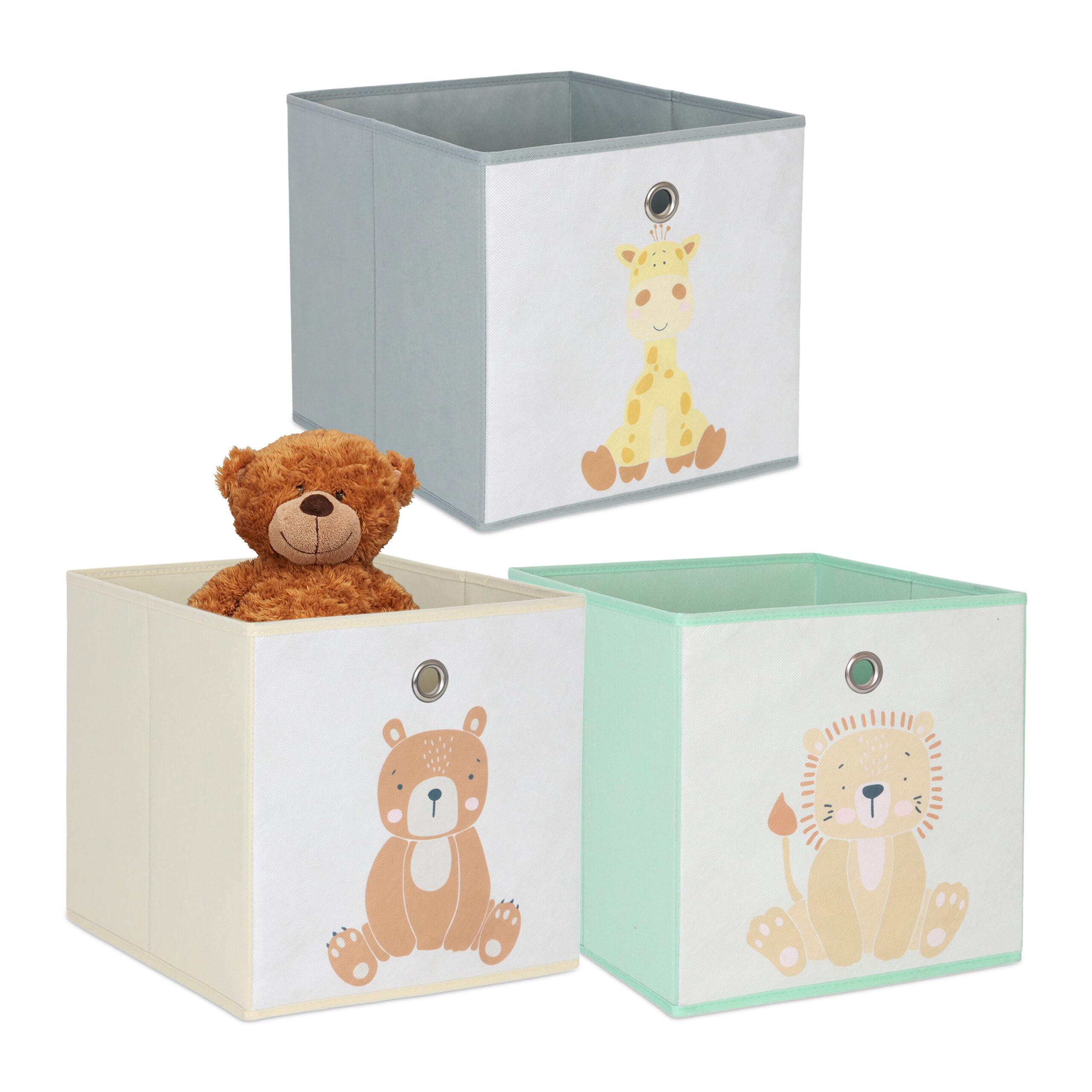 Relaxdays 3pc children's storage boxes, cute animal design, foldable for cube shelves, 30x30x30 cm, textile, colourful