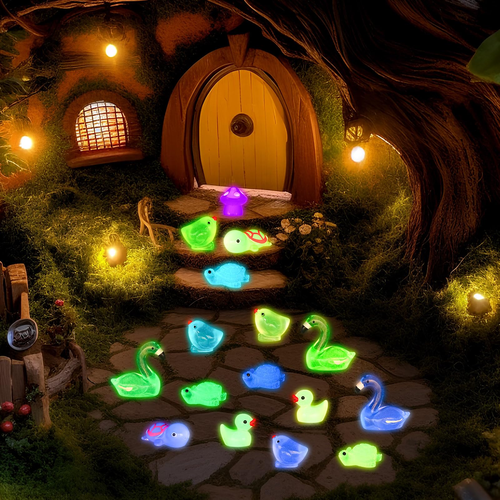 GSrenyu 100 Pcs Mini Resin Animals Luminous 6 Styles Miniature Figures Ducks, Turtles, Flamingos, Mushrooms - Image 4