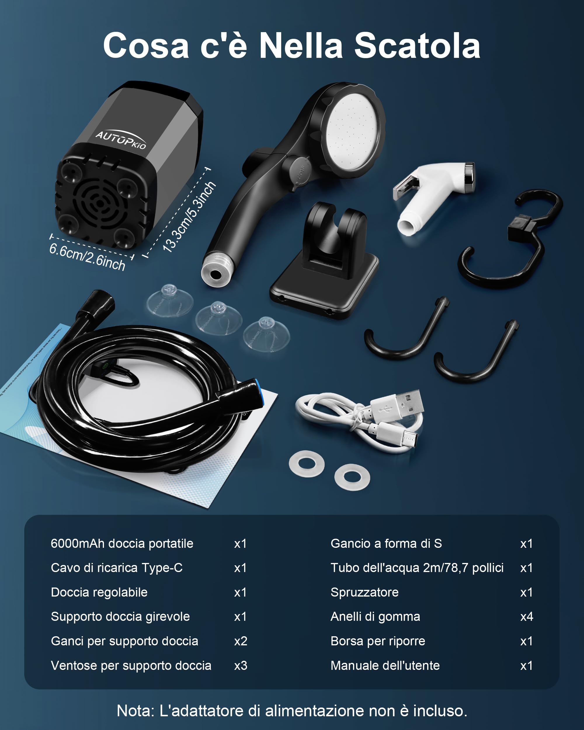 AUTOPkio Doccia da Campeggio Portatile, Doccia Elettrica Aggiornata con Pompa Batteria 6000mAh Ricaricabile, Display Digitale Intelligente per Escursionismo, Camper, Lavaggio Auto