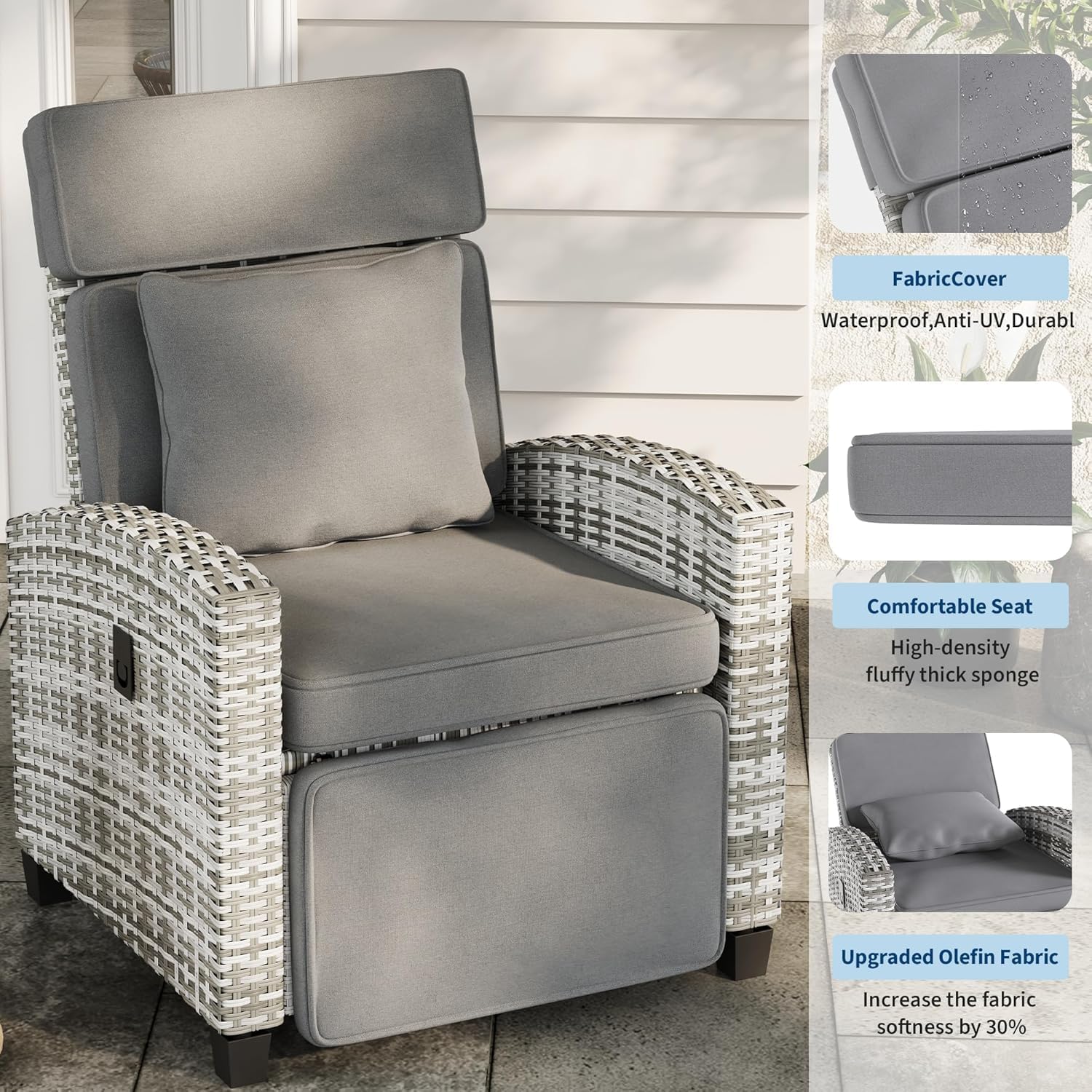 Outdoor Recliner Chair, Reclining Patio Chairs with 150° Adjustable Backrest & Footrest, Wicker Recliner Chairs with Flip Table and Removable Thick Cushion for Poolside, Deck, Balcony image 2