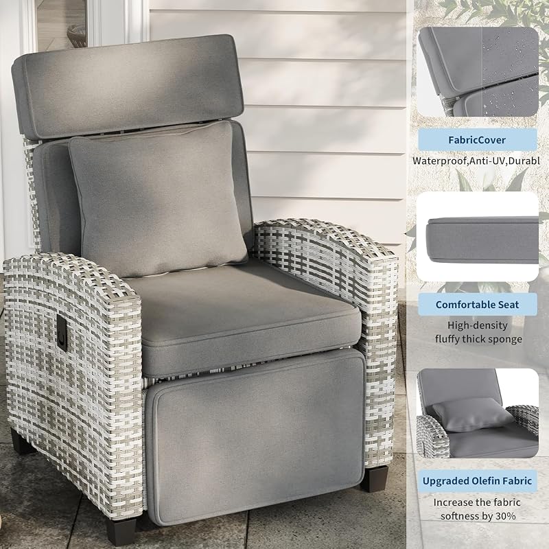 SunnyFurn Outdoor Recliner Chair, Reclining Patio Chairs with 150° Adjustable Backrest & Footrest, Wicker Recliner Chairs with Flip Table and Removable Thick Cushion for Poolside, Deck, Balcony image 2