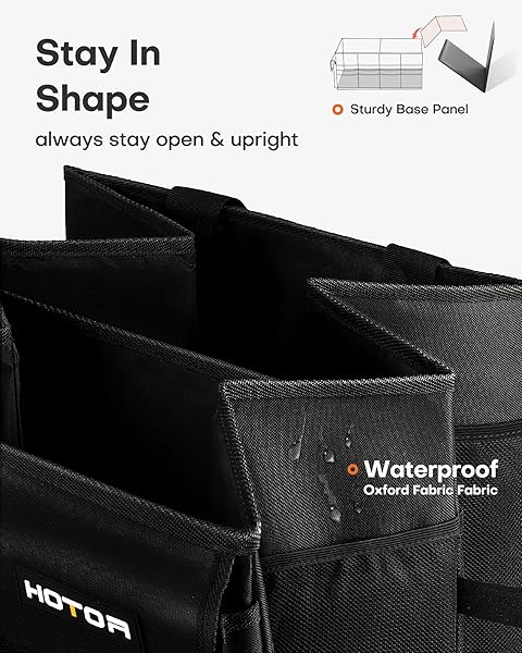 HOTOR HOTOR Car Boot Oganiser - Large-Capacity Auto Trunk Organizer Collapsible Multi Compartments, Foldable Boot Storage for SUVs, Sturdy Car Accessories for Men Camping Tools, Black, 54.0 Ă— 32.0 Ă— 27.0 cm in use