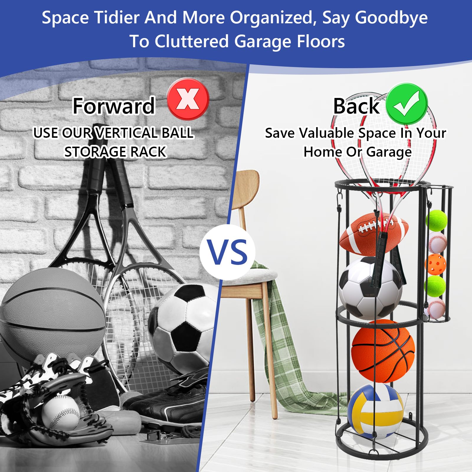 Scaffale portaoggetti per palline da garage, supporto verticale per pallacanestro, calcio, pallavolo, calcio, organizer salvaspazio per attrezzature da garage e cantina, uso esterno, nero