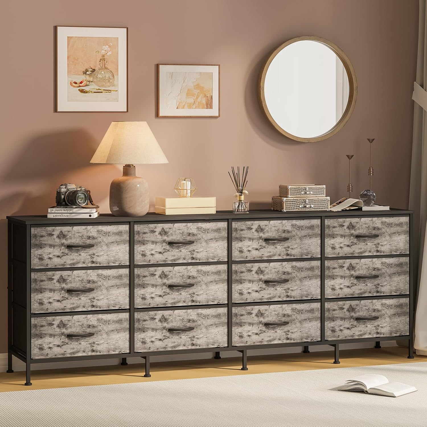 70 Inch TV Stands for Living Room, 12 Fabric Drawers, Charging Station, Long Entertainment Center Up to 80 Inch TV, Media Console Table with Storage for Bedroom, Entryway,