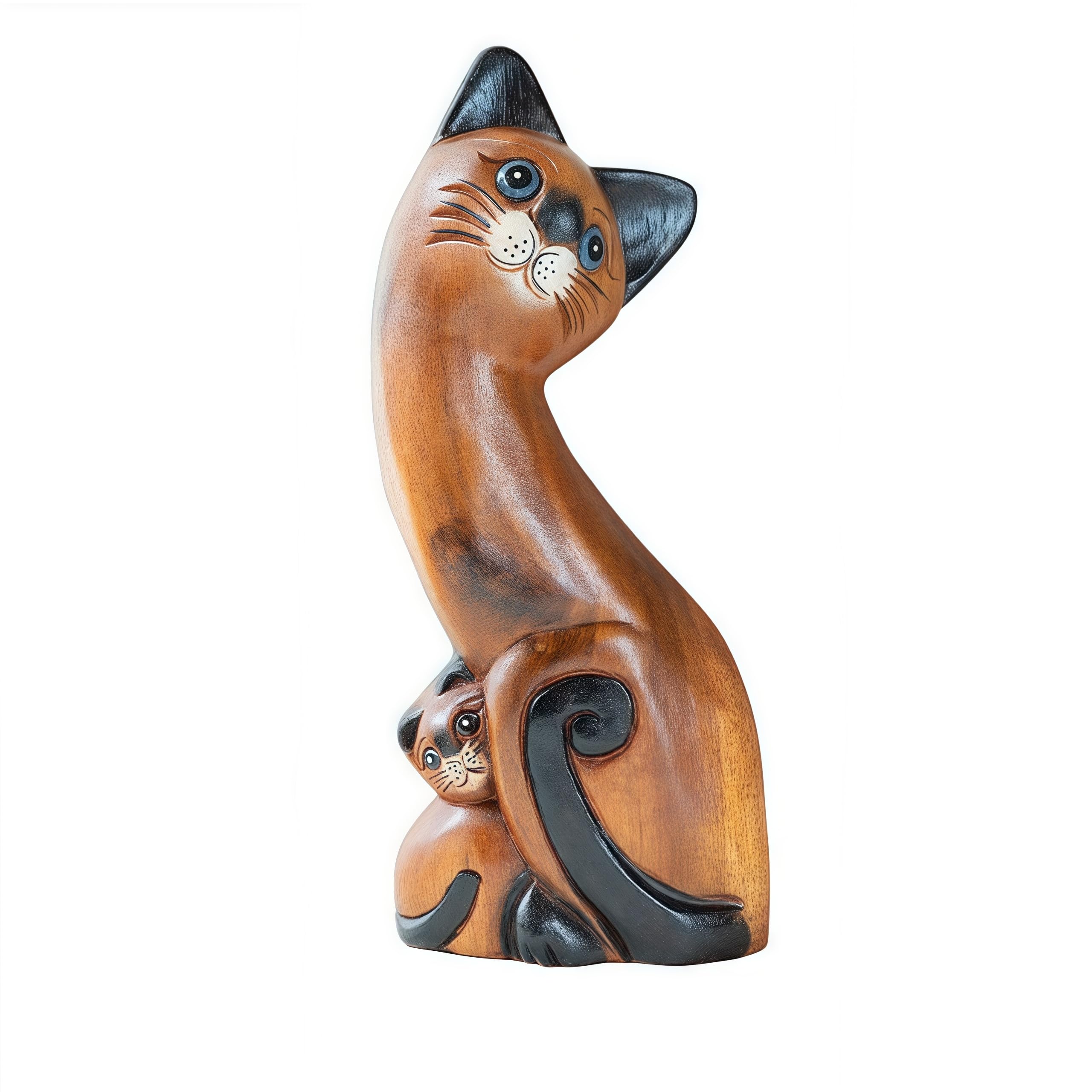 Feng Shui dekoracja mieszkania: figurka kota i figurka z drewna, kotek, figurka kota, biurko