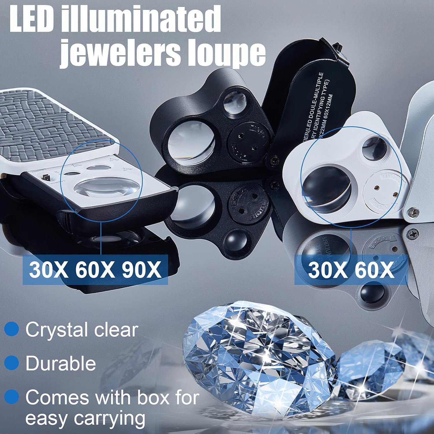 3 Pieces Jewelry Loupe 30X 60X 90X Illuminated Magnifier Jewelers Eye Loupe Foldable Jewelry Pocket Magnifying Glass Loop with UV Black Light LED Light for Gems Coins Stamps Plants Watch Rock : Arts, Crafts & Sewing