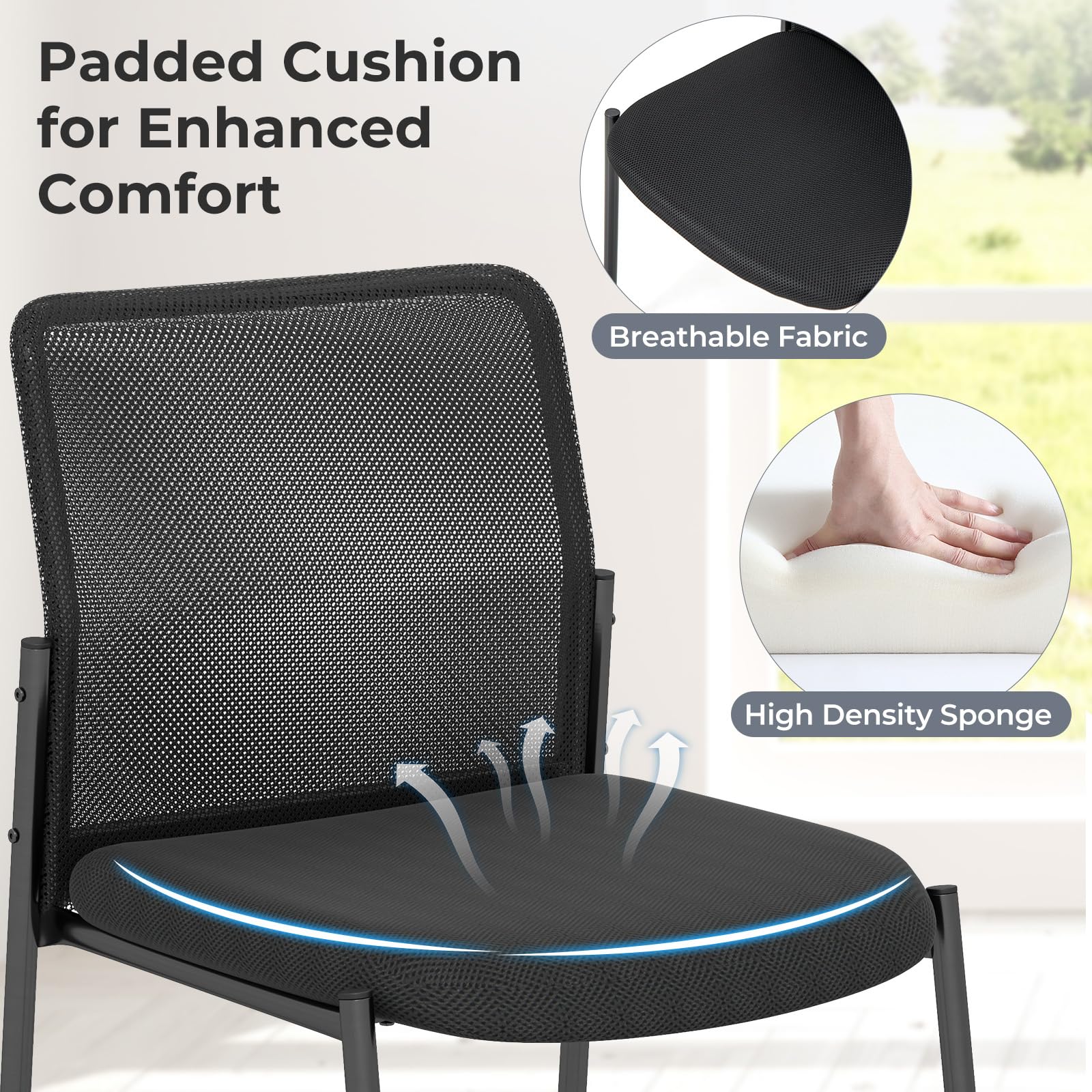 GIANTEX Juego de 2 Sillas de Conferencia, Sillas de Oficina Apilables con Respaldo de Malla Transpirable, Asiento Acolchado, Sillas sin Brazos para Sala de Espera, Oficina, Negro