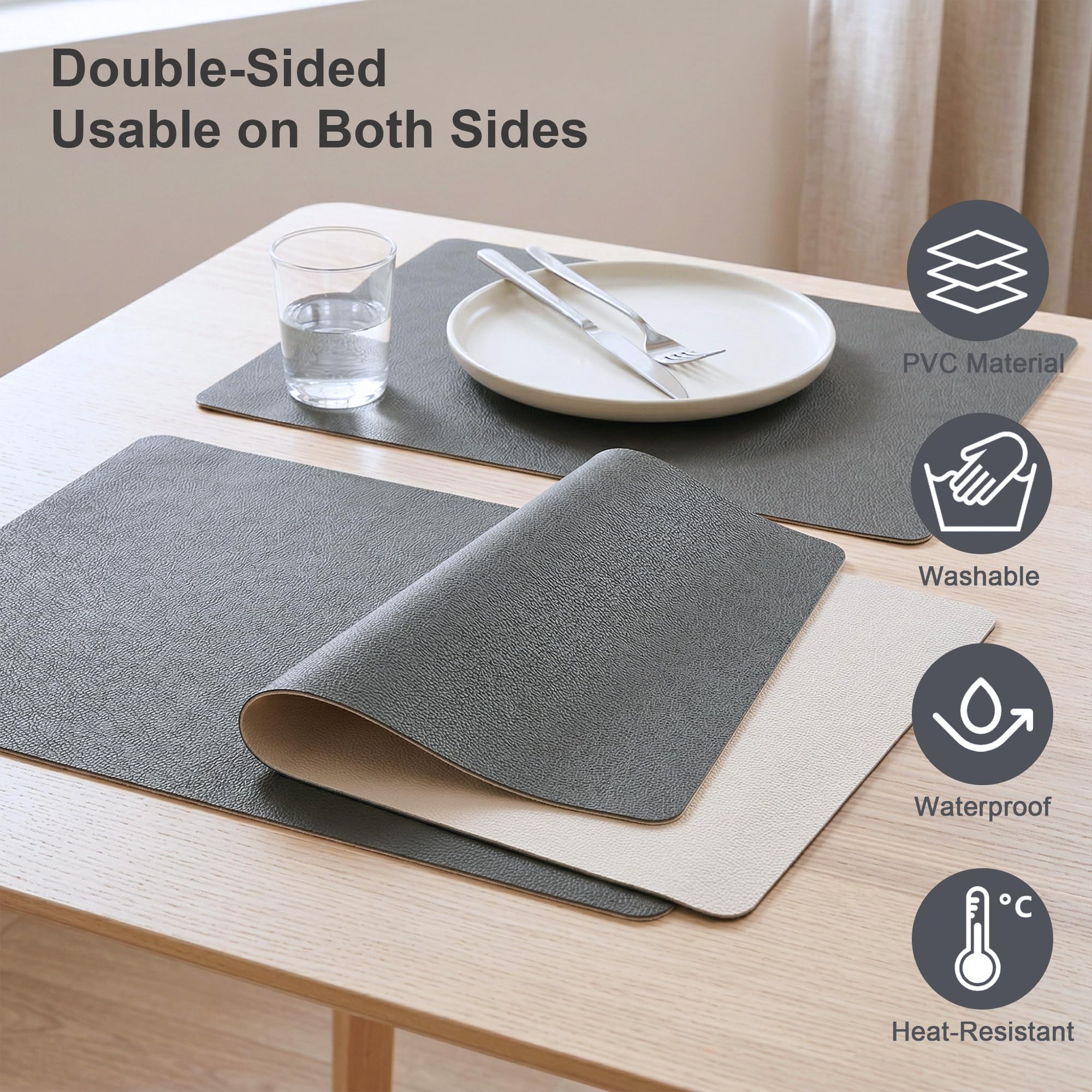 Manteles Individuales Lavables Juego de 6, Salvamanteles y Posavasos Doble Cara PVC, Antideslizantes Resistentes al Calor, Uso Hogar y Cocina (Gris Beige)