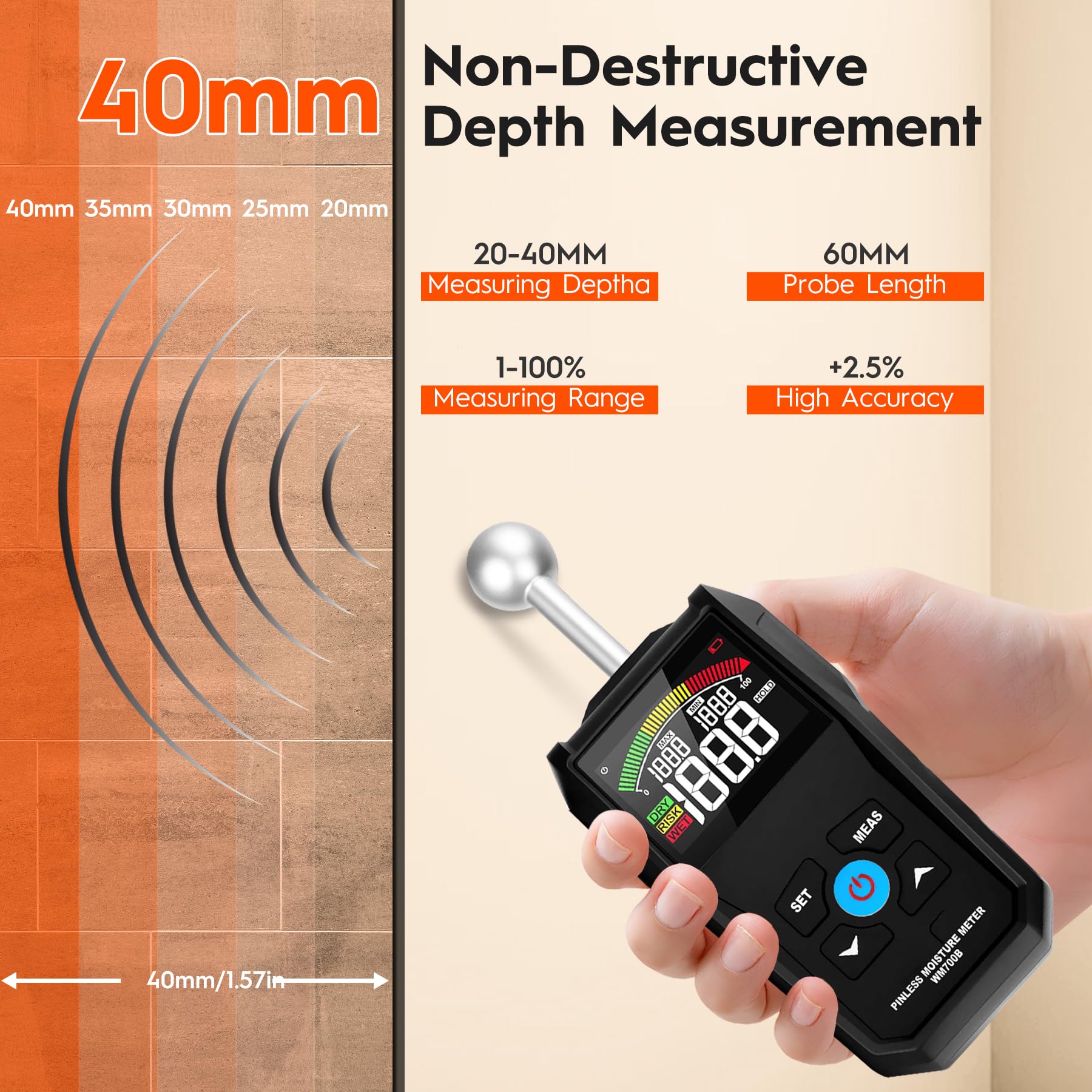 Misuratore di Umidità, Misuratore Umidità Muri Profondità di Analisi 5-40 mm, Igrometro Professionale Indicatore di Umidità con LCD a Colori E allarme Acustico Per Pareti, Legno, Intonaco, Pavimenti