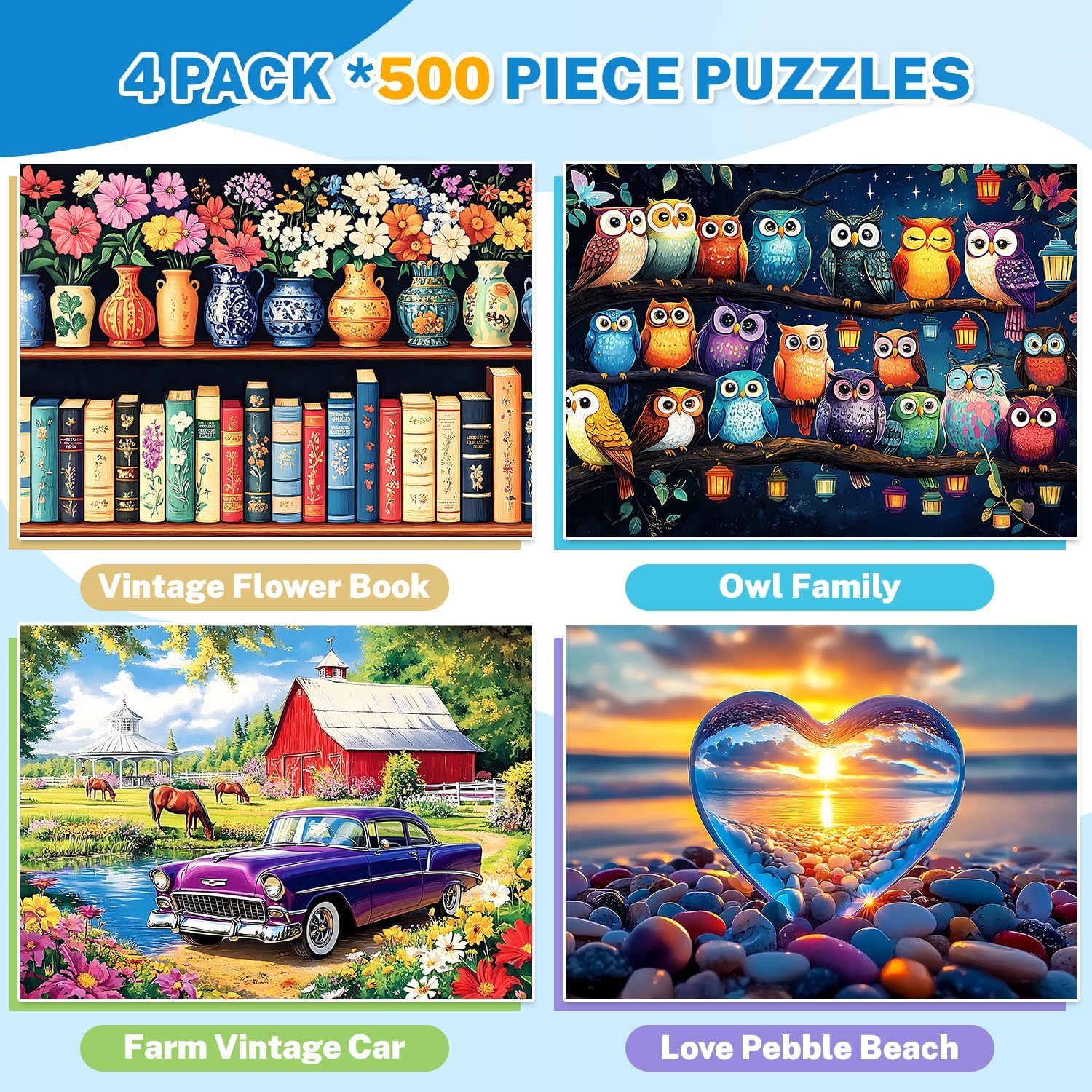 4-Pack 500 Piece Puzzles for Adults Jigsaw Puzzle 500 Pieces - Flowers Vintage Books, Owl Family, Farm Vintage Car, Love - Challenging Game Home Decor Birthday Party Gift Toy for Adults Seniors