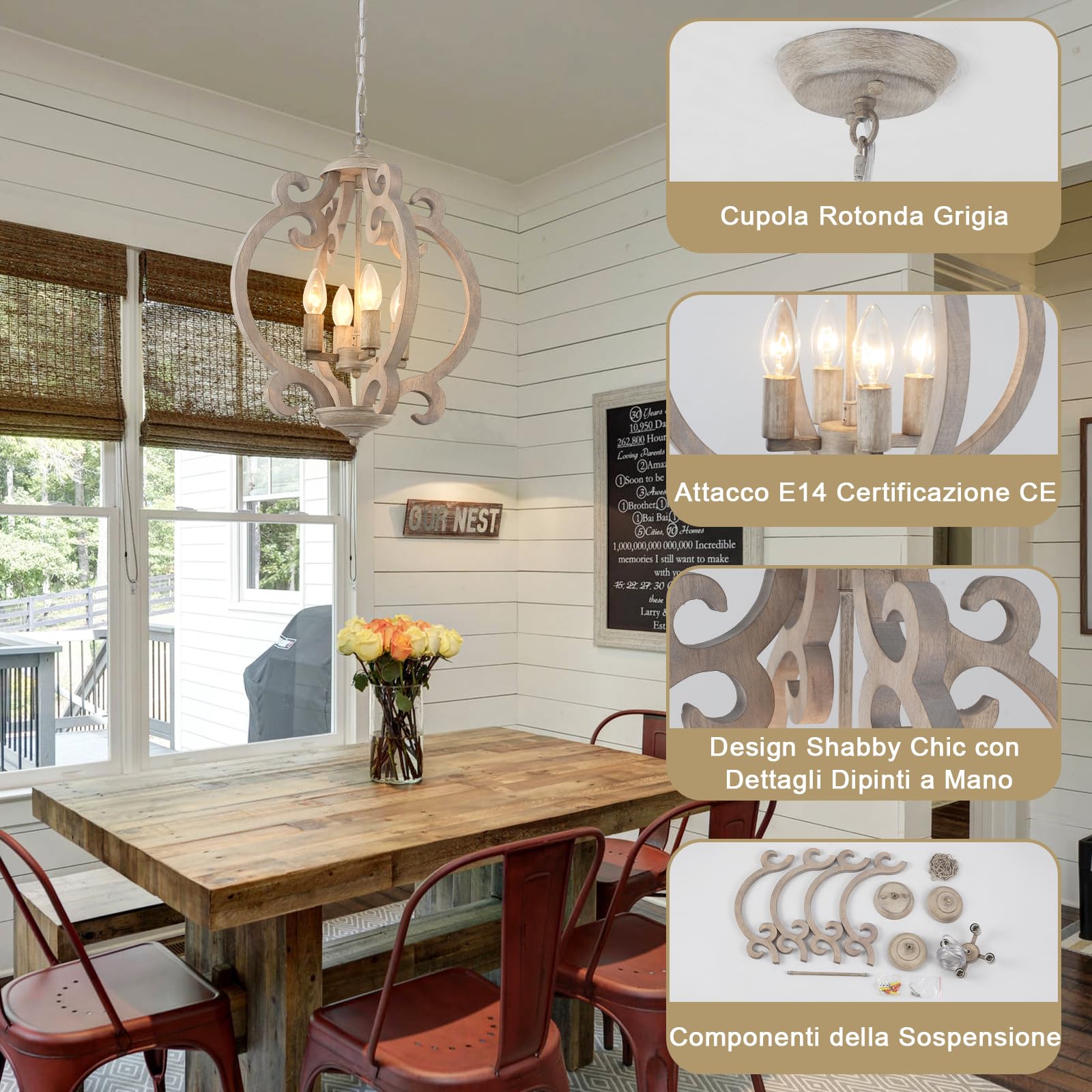 Lampadario vintage a 4 luci, stile rustico, lampada a sospensione da tavolo da pranzo, in legno rustico, casa colonica, lampada da soffitto francese da appendere per soggiorno, camera da letto