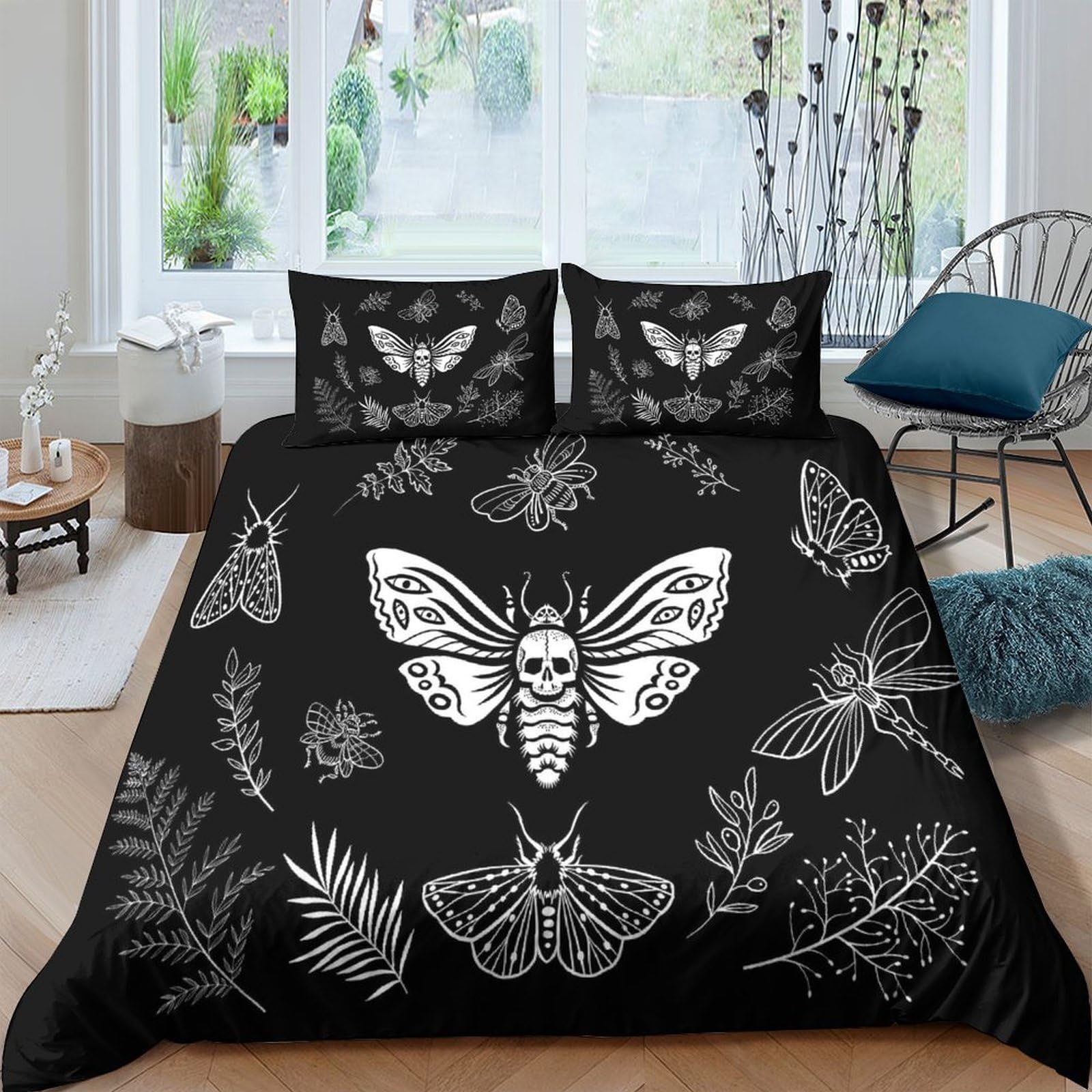 Ctjqhvkz Style-5 3D Printed Gothic Moth Fitted Sheet Microfiber Black Insect Skull Mattress Cover For Bedroom Dorm Bed Decoration Single（135X200cm）