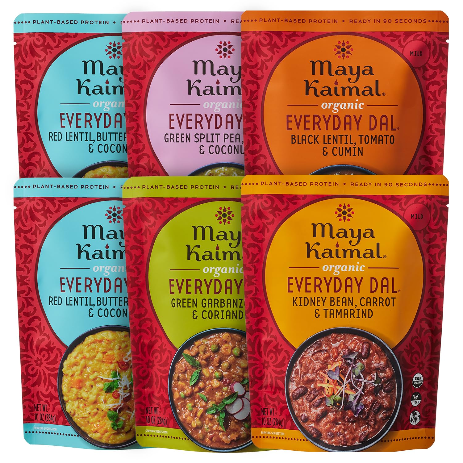 Foods - Organic Indian Everyday Dal - 6 pack variety of 10oz Ready to Eat Meals - Fully Cooked - Vegan - Kosher - Microwavable - made from Lentils, Beans, Squash, Coconut, Peas