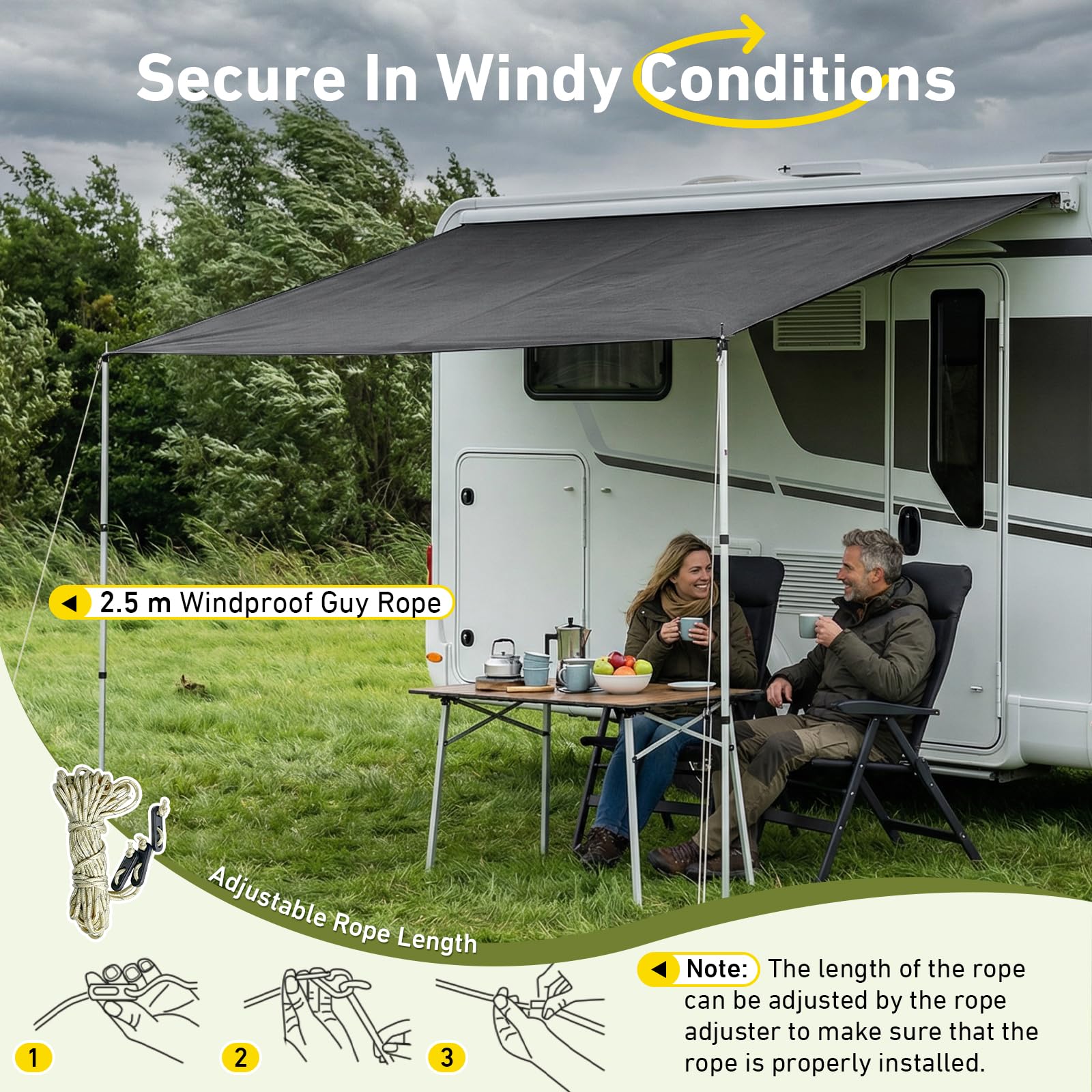 WildFun Sonnensegel Wohnwagen 3 x 2,5 m, Keder 3000mm, Wasserdicht, UPF 50+, mit 3er Kederschiene 5/7/10 mm